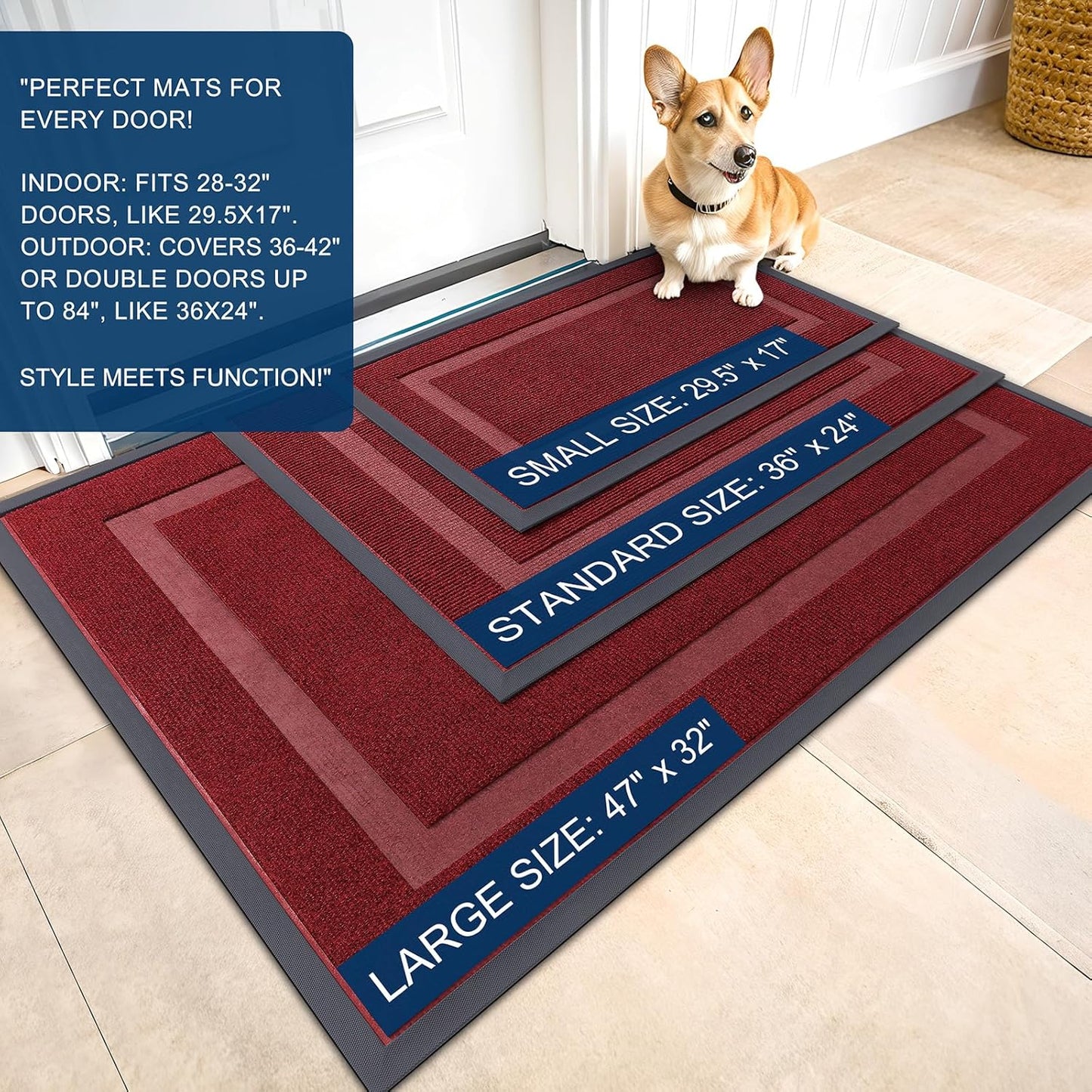 OLANLY Front Door Mat Indoor Outdoor Entrance, Waterproof All-Season, All-Weather Doormat, Sturdy Natural Rubber, Fade Resistant, Low Profile, Easy Clean Patio Porch Entryway Mat, 59x30, Wine Red