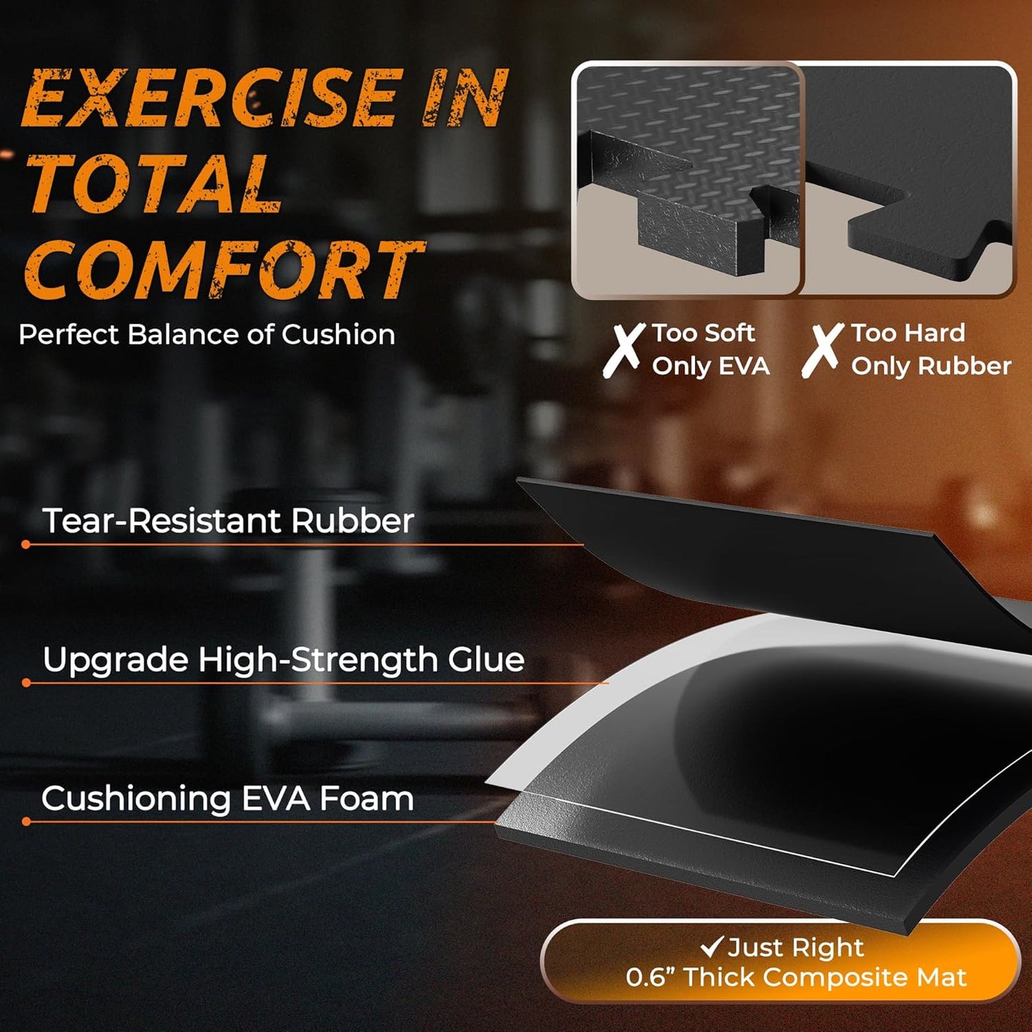 PRAISUN 0.6" Thicker Gym Mat, 12 Tiles 48 Sq Ft Workout Mats, Interlocking Foam Tiles with Rubber Top, High Density EVA Foam, Exercise Mat, Gym Flooring for Home Gym, Garage, 24 x 24in, Black