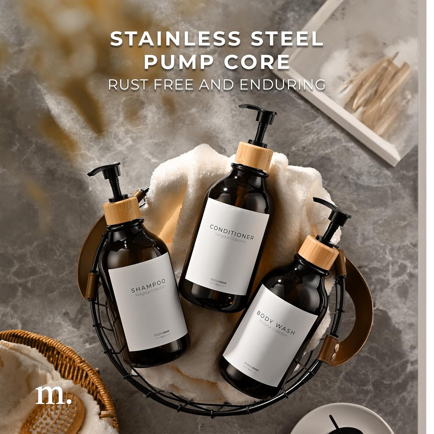 MaisoNovo Refillable Shampoo and Conditioner Bottles | 16.9 fl oz Set of 3 Amber Plastic Bottles Black Bamboo Pumps