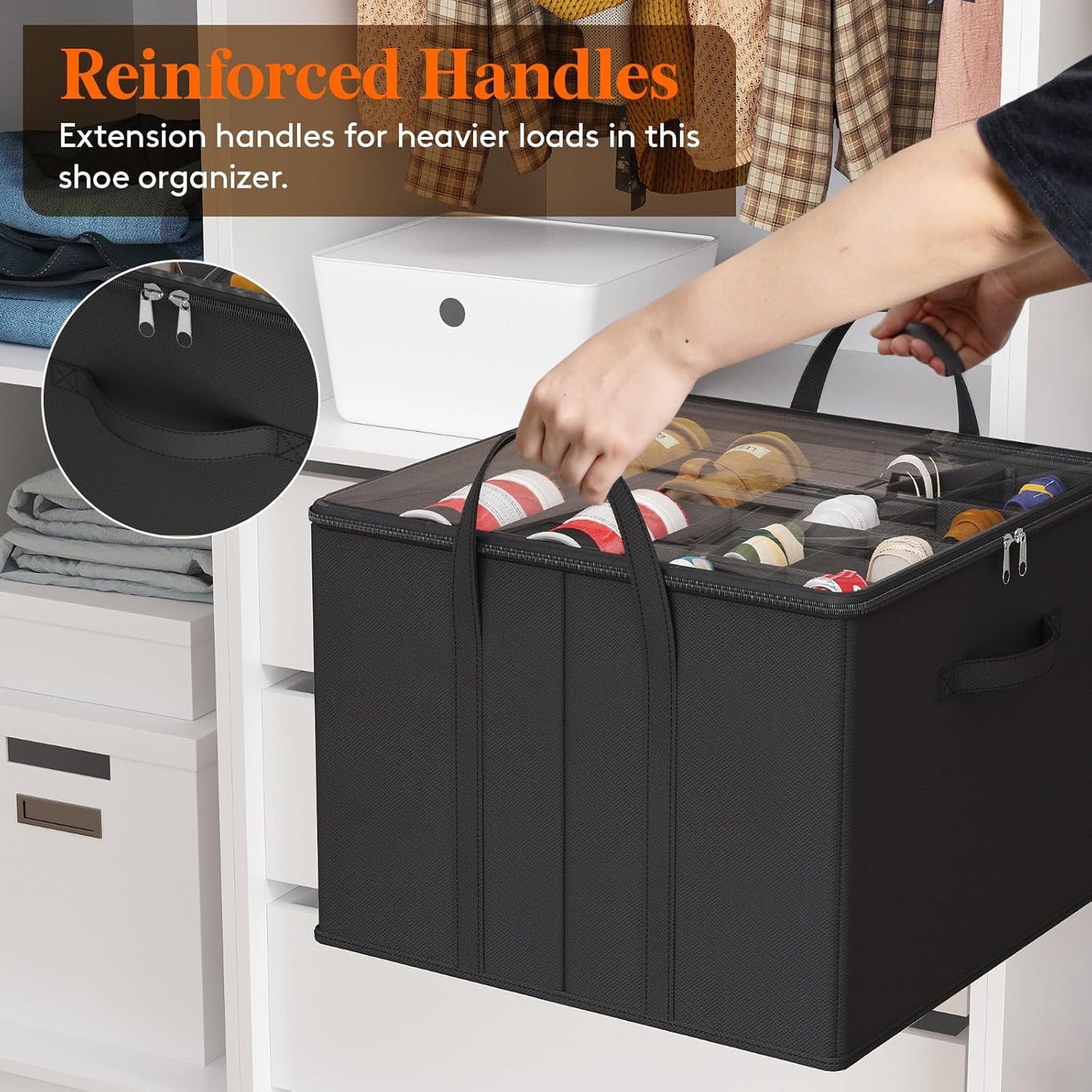 Lifewit Shoe Storage Organizer for Closet Fits 12-16 Pairs, Fabric Large Shoe Box Storage Container with Clear Cover, Foldable Bins Fit for Boots Heels Sneakers 17"(L) x 17"(W) x 12.5"(H) 2 Pack Black