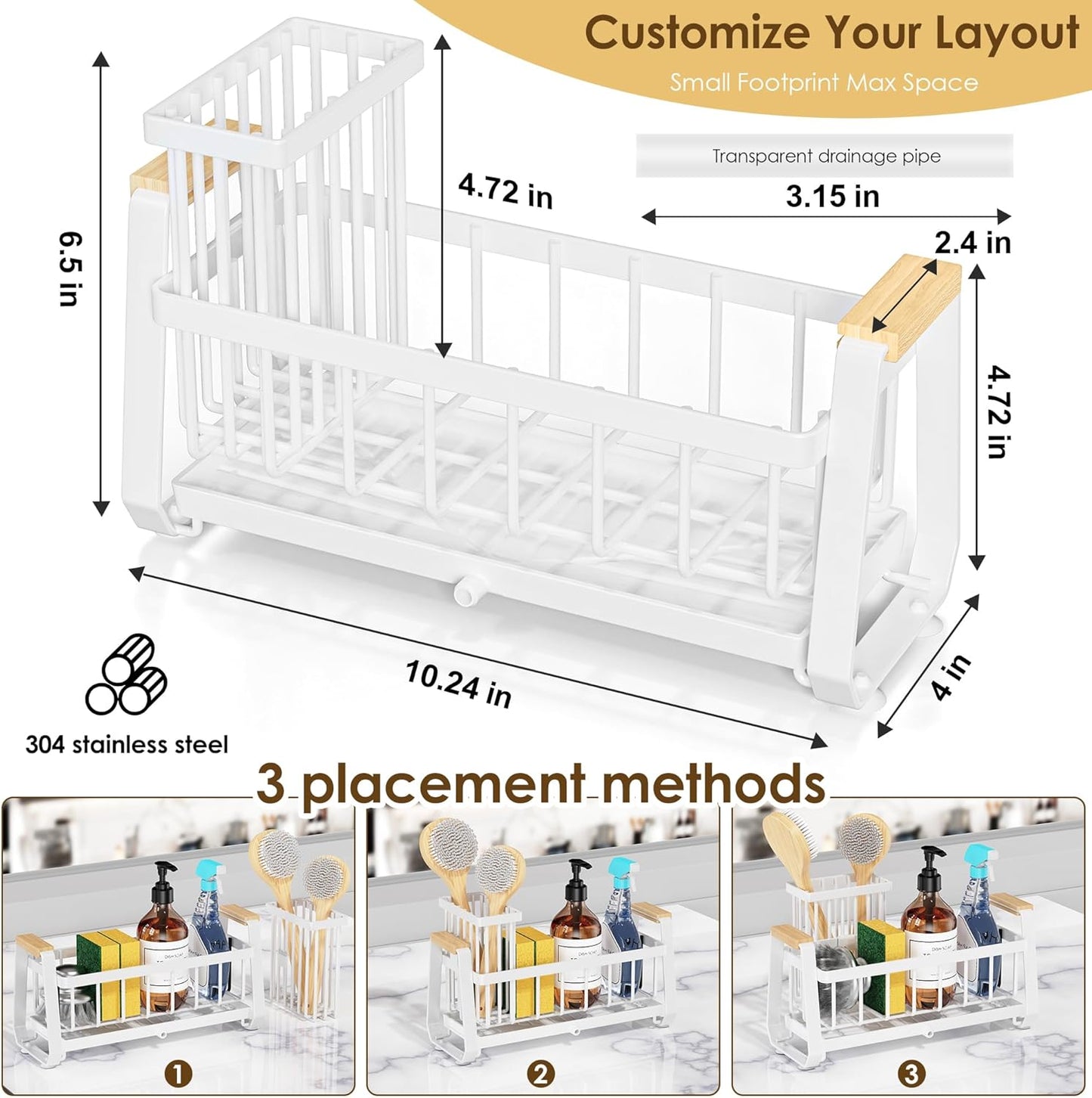 Doasuwish Kitchen Sink Caddy with High Brush Holder,Self-Draining kitchen Countertop Organizer,Rustproof 304 Stainless Steel,Non-Slip Stability High Storage Sponge Holder for Kitchen Sink White