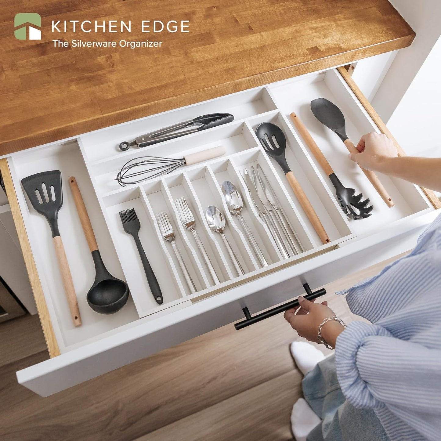 KitchenEdge Premium Silverware, Flatware and Utensil Organizer for Kitchen Drawers, Food-Safe Contract Grade, Expandable from 18 to 33 In, White Bamboo