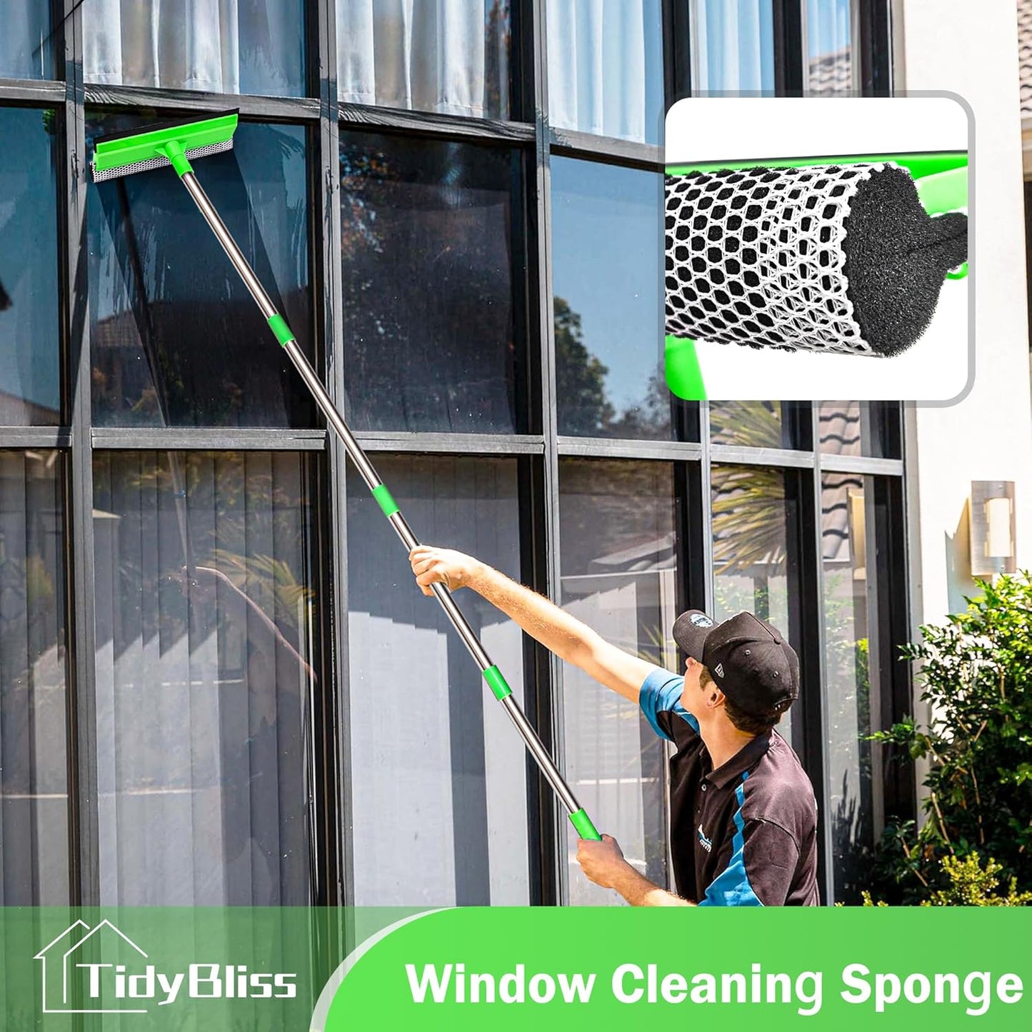 Window Squeegee Professional, 56” Car Windshield Glass Cleaner Tool with Extension Pole, Long Handle Household 10 inches Washer Sponge Scrubber Kit for Cleaning Home Mirror Outdoor (Green)