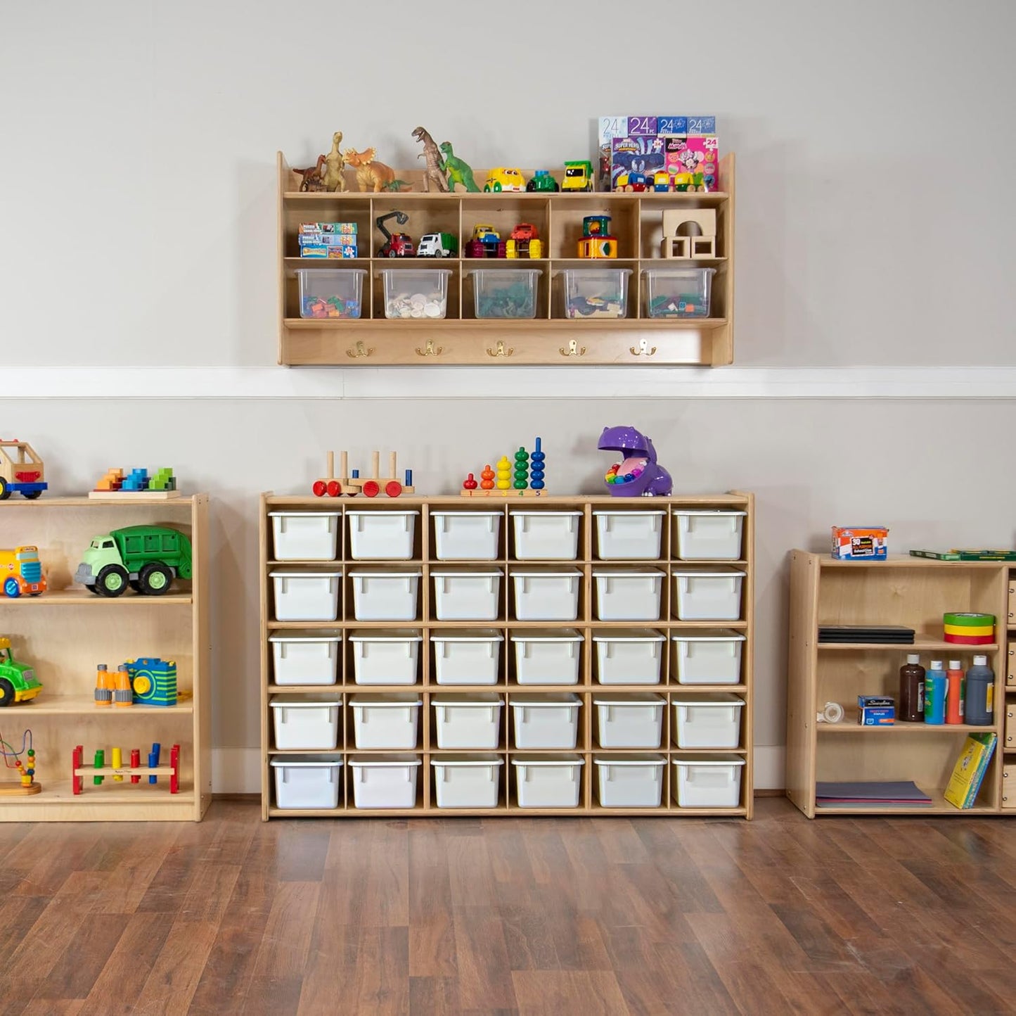 Wood Designs Cubby Storage Bin, Heavy Duty Plastic Containers for Kids White Cubby Tray Set of 25