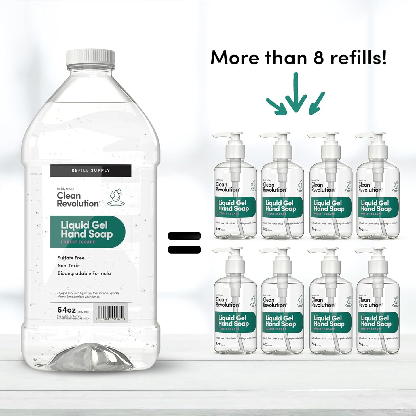 Clean Revolution Liquid Gel Hand Soap, Silky Rich Liquid, Quick Lather, Fast Rinsing, Contains Real Essential Oils (Forest Escape) 64 Fl Oz