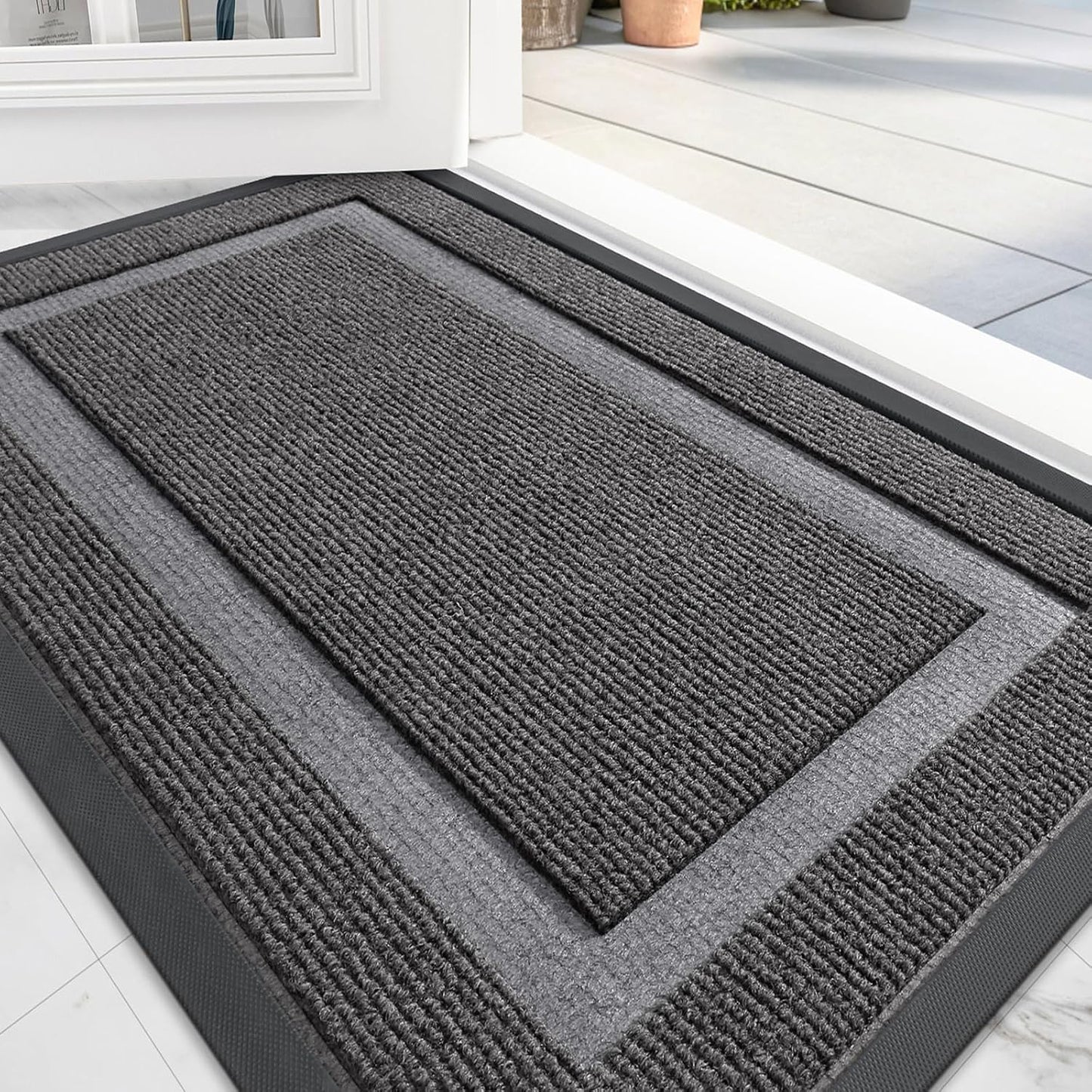 OLANLY Front Door Mat Indoor Outdoor Entrance, Waterproof All-Season, All-Weather Doormat, Sturdy Natural Rubber, Fade Resistant, Low Profile, Easy Clean Patio Porch Entryway Mat, 47x17, Dark Grey