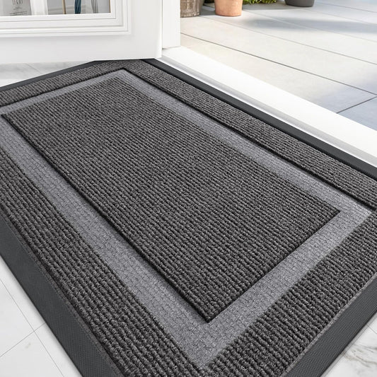 OLANLY Front Door Mat Indoor Outdoor Entrance, Waterproof All-Season, All-Weather Doormat, Sturdy Natural Rubber, Fade Resistant, Low Profile, Easy Clean Patio Porch Entryway Mat, 47x32, Dark Grey