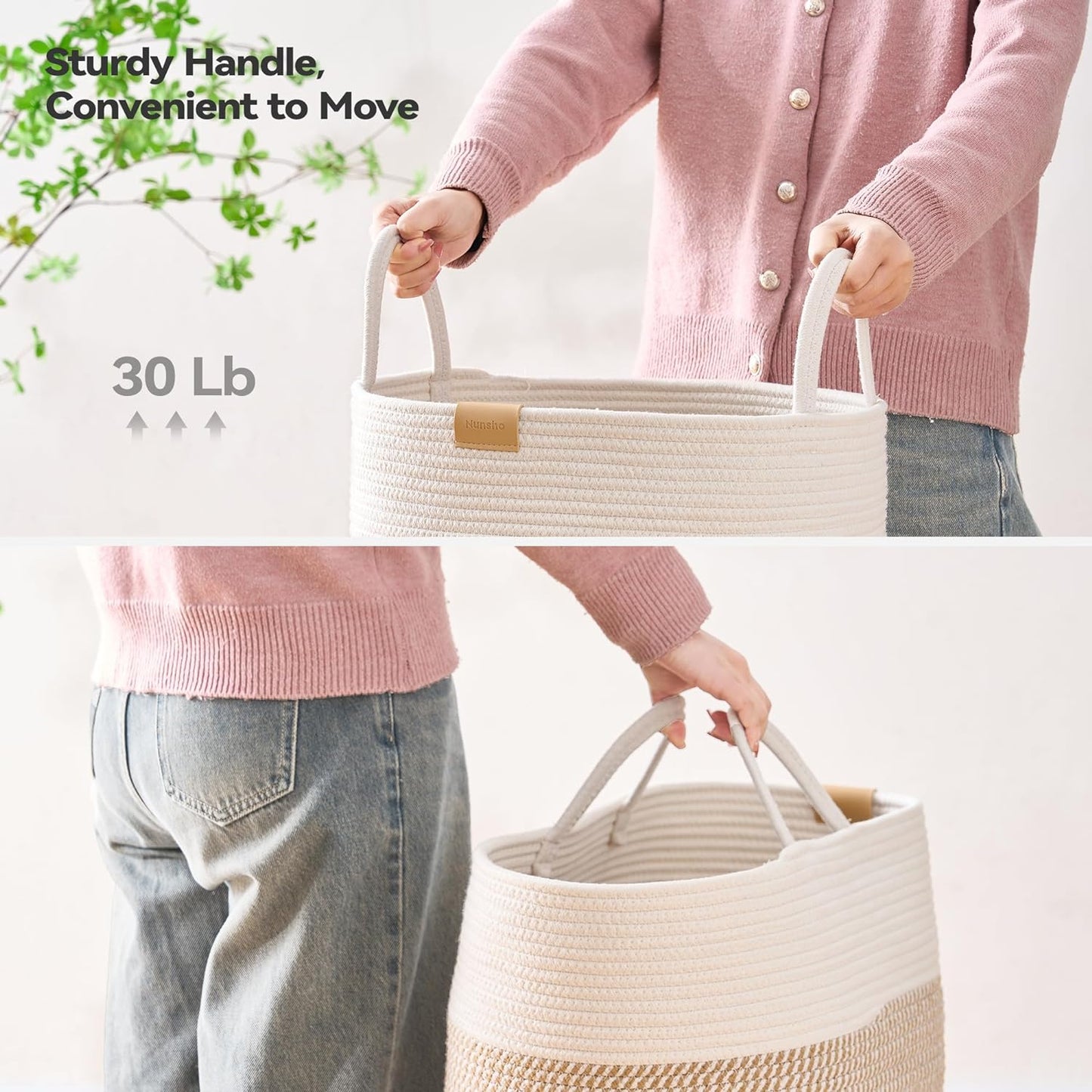 Laundry Hamper 62L,Large Laundry Basket for Clothes,Decorative Storage Basket for Blankets,Cotton Rope Woven basket for bedroom,Brown White