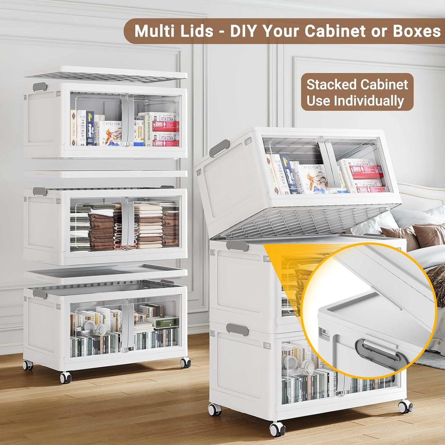 BROVIEW 640QT Stackable Storage Bins with Lids, 160Gal Extra Large Collapsible Storage Box with Wheel, Plastic Storages with Clear Door Open Front for Home Kitchen Garage, White-4pack(4 lids)