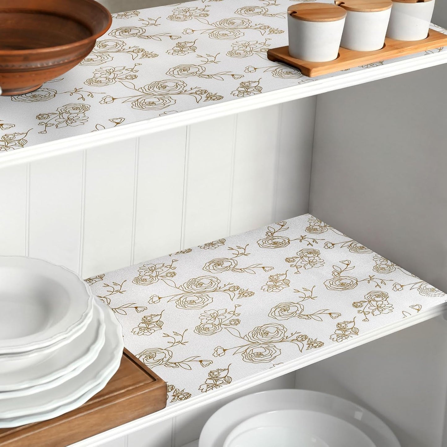 Shelf Cabinet Liner for Kitchen- Non Adhesive Drawer Liner Refrigerator Liner, Premium Waterproof Shelf Paper Protect Surface, Non Slip Easy to Clean Durable EVA Material, Gold Roses, 18 in x 30FT