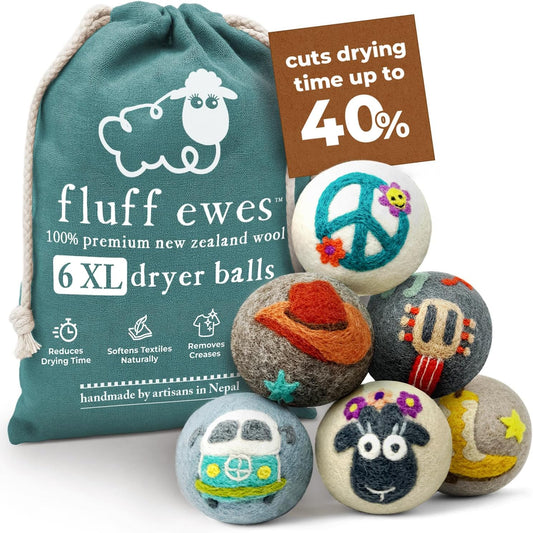 Fluff Ewes Wool Dryer Balls 6 Pack Premium New Zealand Wool Laundry Balls for Dryer, No Static Dryer Balls Laundry Reusable, XL Wool Dryer Balls Cute, Baby Dryer Balls for Dryers - Fluff Fest