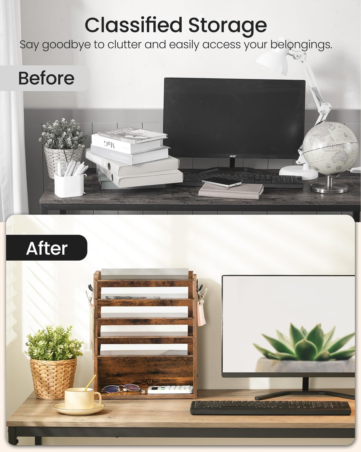 CHOEZON Wall File Organizer, 6-Tier Vertical Mount Hanging Holder with 2 Side Hooks, Vintage Wooden