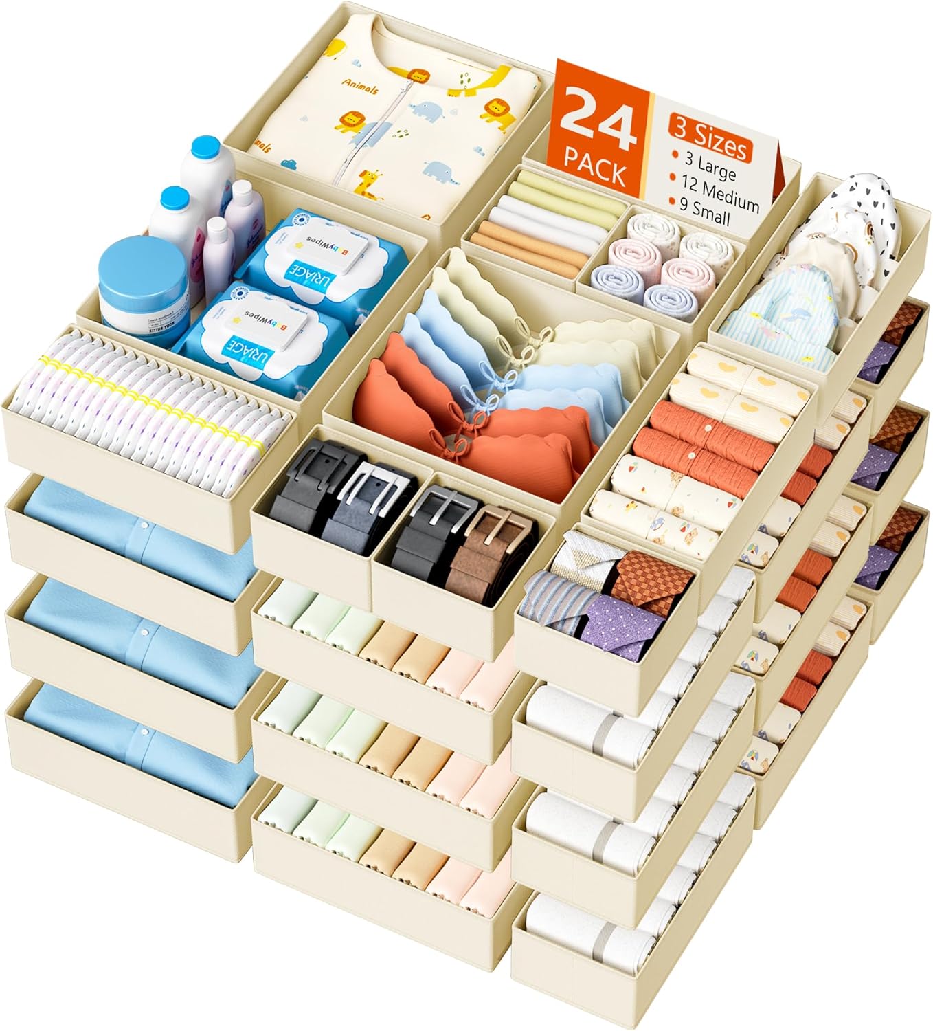 DIMJ Drawer Organizer Clothes - 24 Pack Baby Dresser Organizer for Nursery, Foldable Drawer Organizer Bins for Closet Bedroom Organization, Fabric Clothes Storage Dividers for Underwears, Socks, Bras