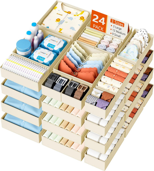 DIMJ Drawer Organizer Clothes - 24 Pack Baby Dresser Organizer for Nursery, Foldable Drawer Organizer Bins for Closet Bedroom Organization, Fabric Clothes Storage Dividers for Underwears, Socks, Bras