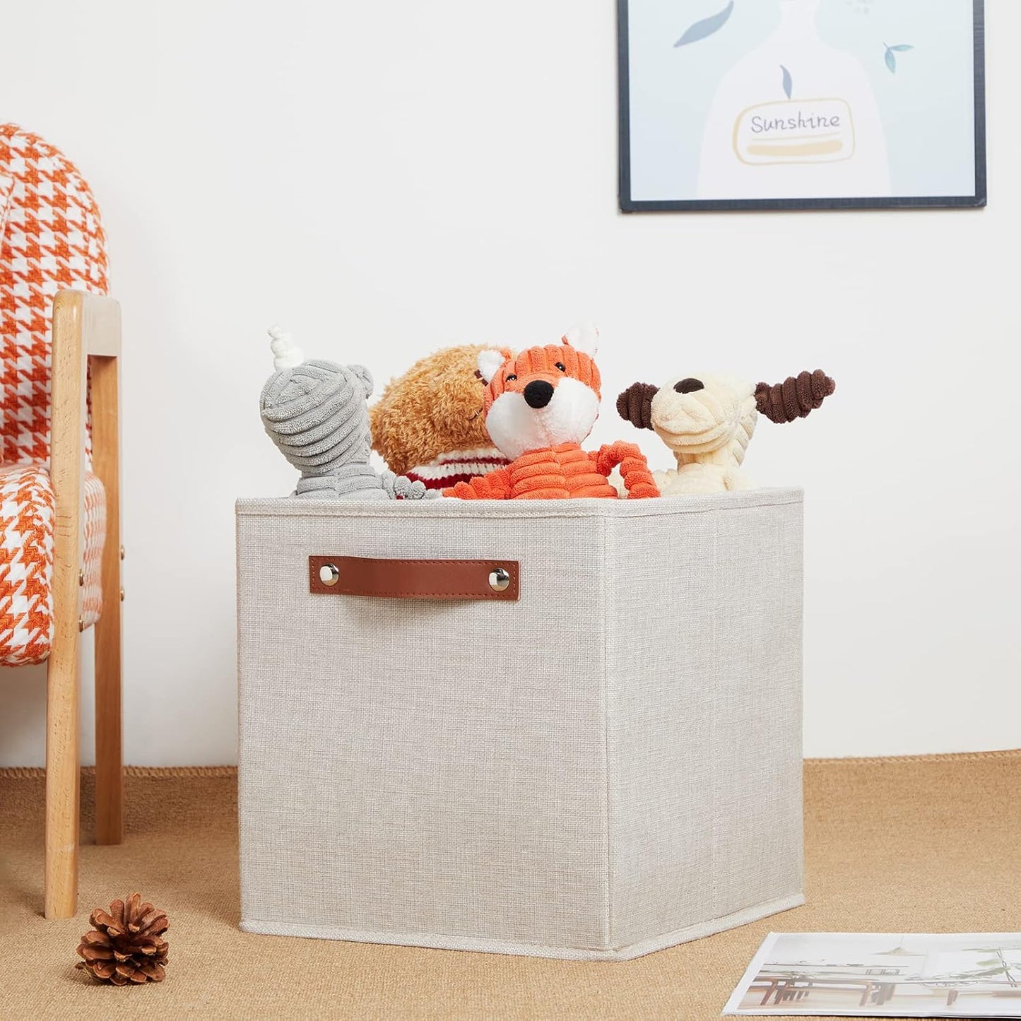 HNZIGE Foldable Storage Cubes Bins for Organizing, Set of 4, Fabric Cube Canvas Storage Bins 11 x11, Collapsible Bins for Organization with Handles for Shelf Nursery(Beige)