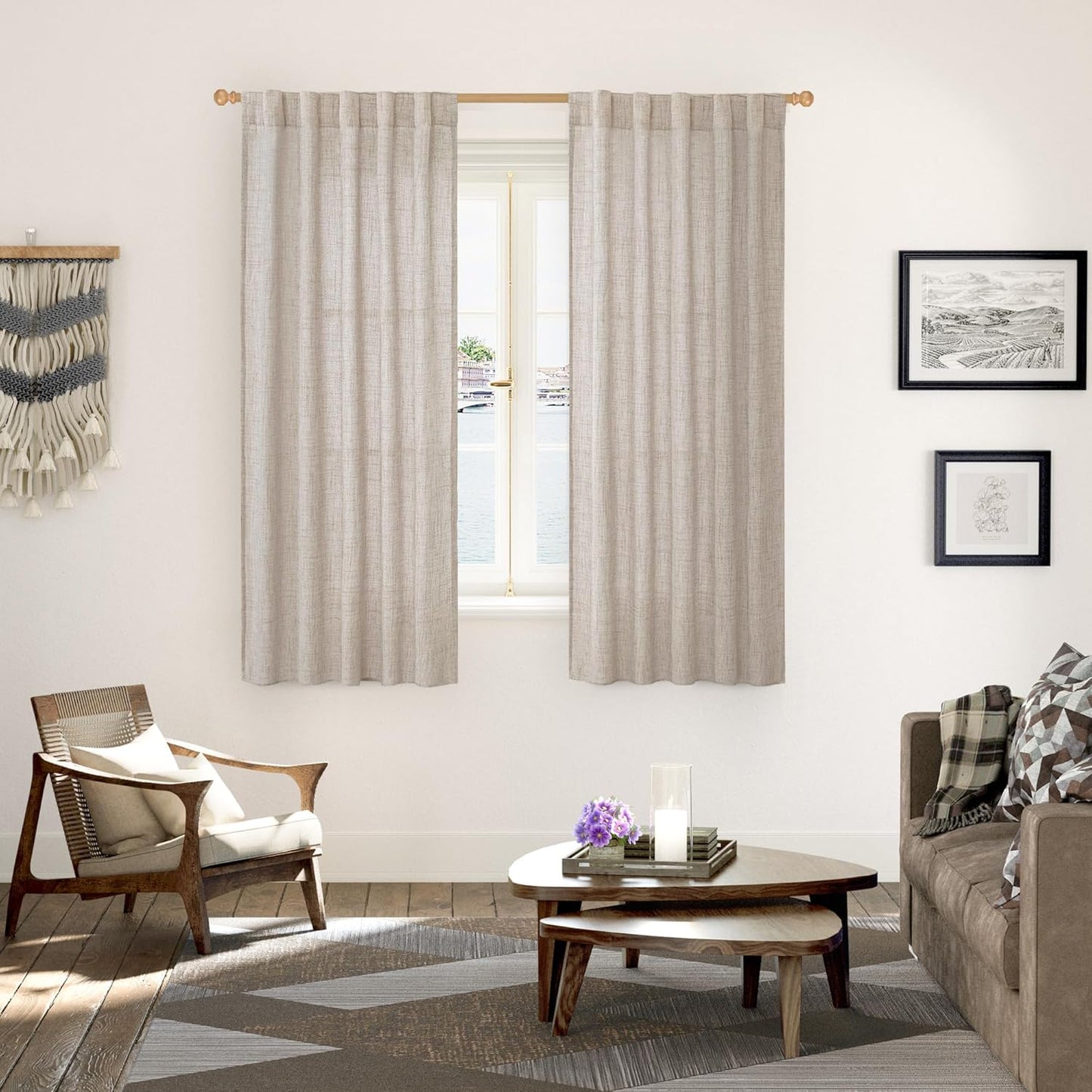 YoungsTex Linen Semi Sheer Curtains 63 Inch Length 2 Panels for Window, Light Filtering Drapes Rod Pocket for Living Room Bedroom Office Farmhouse Burlap Textured Lightweight Back Tab, 42 X 63 Inch