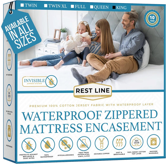King Size 78x80” Premium Waterproof Zippered Mattress Encasement, 100% Cotton, Hypoallergenic, Six