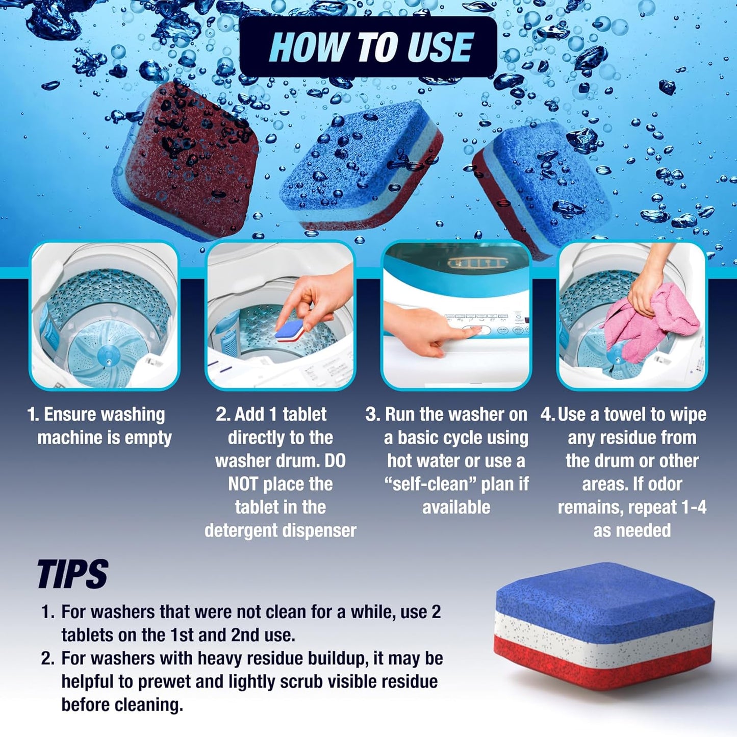 Washing Machine Cleaner Tablets 14 Pack for HE Top Load - Eco Friendly Washer Machine Cleaning Tablets - 3 Layers Septic Safe Wash Machine Full Deodorizer Descaler Protector - 1 Plus Year Supply