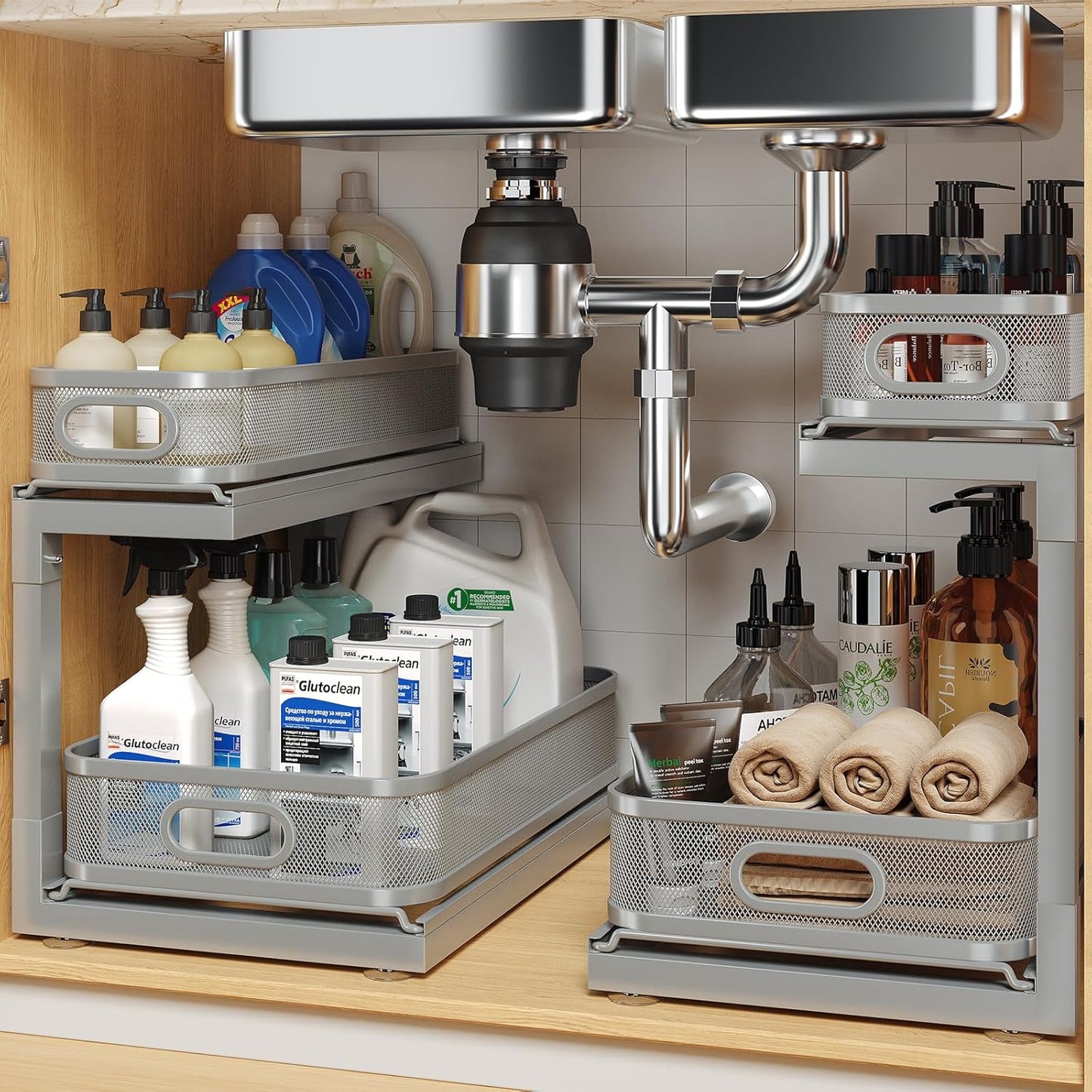 2-Pack Under Sink Storage Organizer with 2-Tier Slide Out Drawer, Sophisticated Mesh Pull Out Shelf for Kitchen & Bathroom, Fits Small Items, Upgraded Arched Track for Smooth Gliding(Patented)