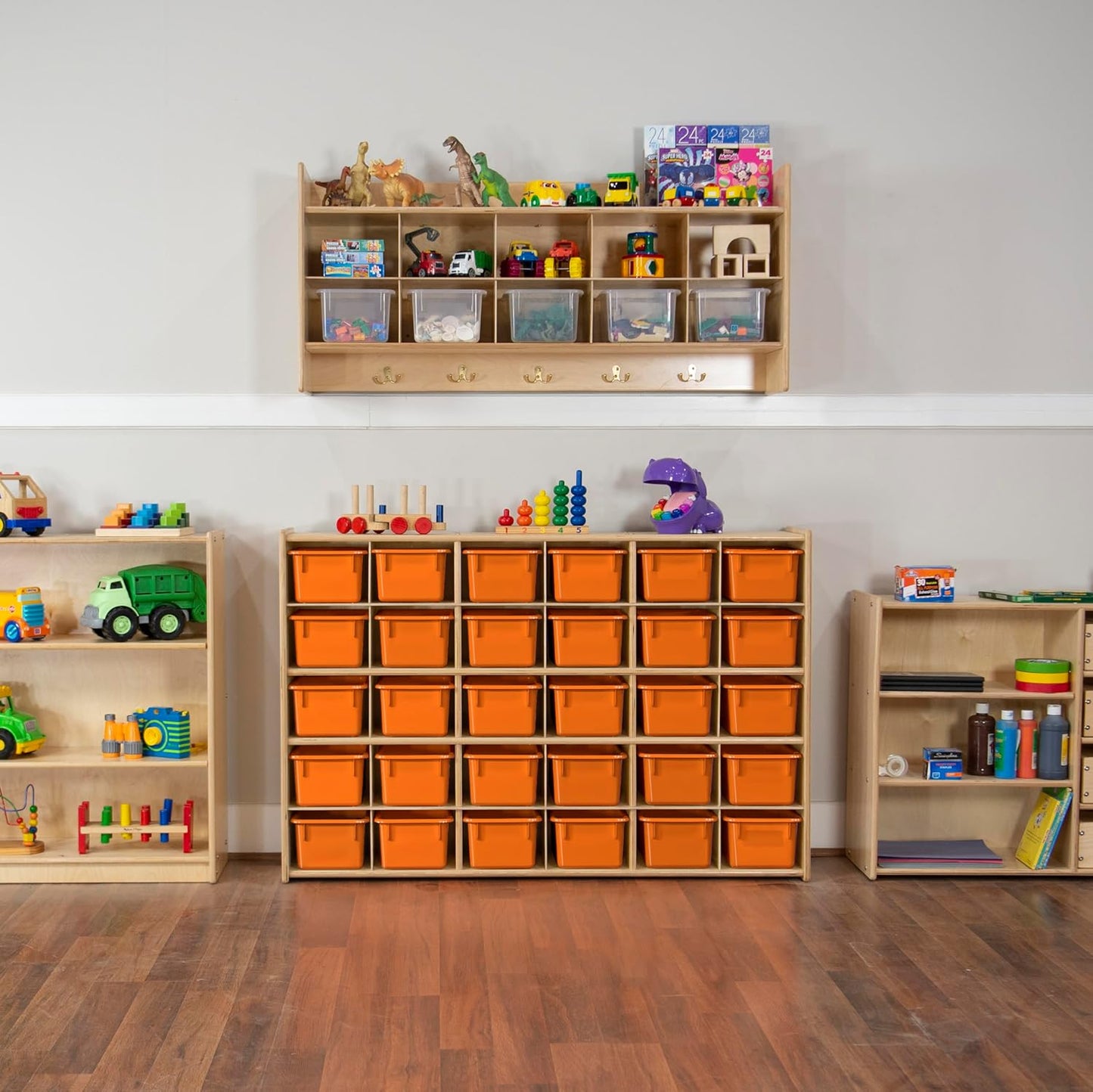 Wood Designs Cubby Storage Bin, Heavy Duty Plastic Containers for Kids Orange Cubby Tray Set of 25