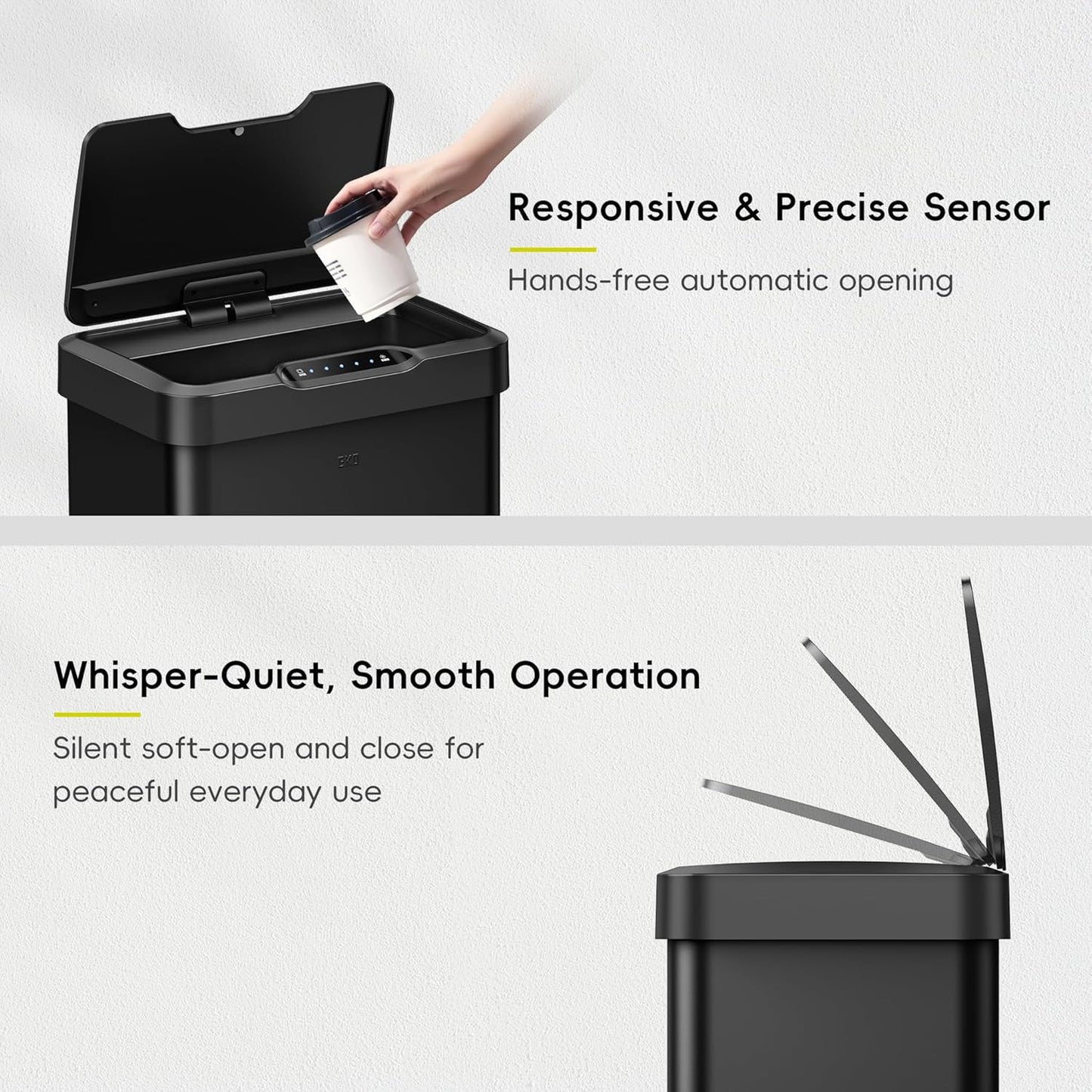 EKO Mirage-T 50 Liter / 13.2 Gallon Touchless Rectangular Motion Sensor Trash Can, Brushed Stainless Steel Finish (Matte Black)