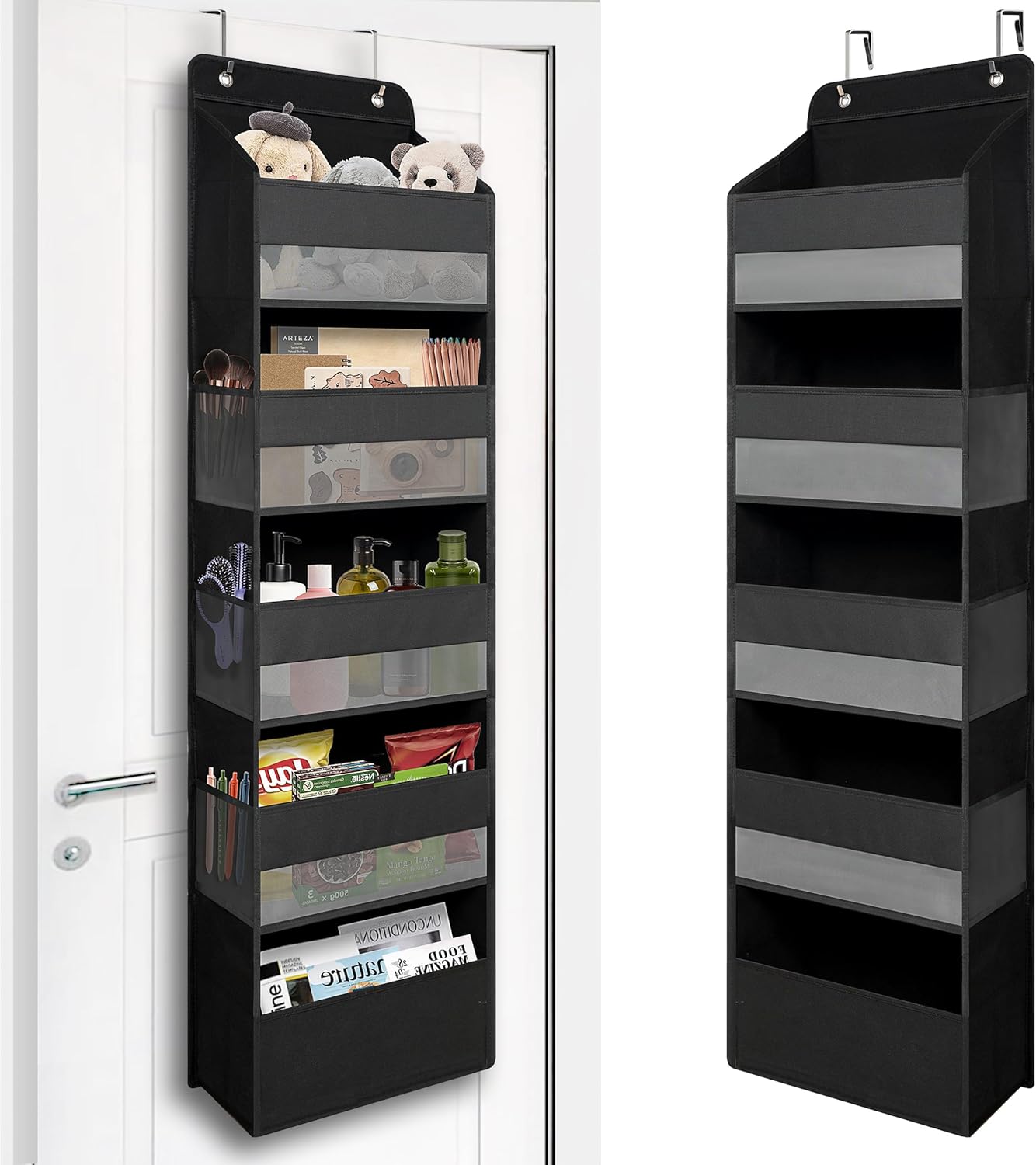 Over Door Organizer with 5 Large Pockets, Heavy Duty Hanging Organizer Storage, Closet Bathroom Nursery Bedroom Dorm, Toys Cosmetics Sundries and Baby Essentials, Black