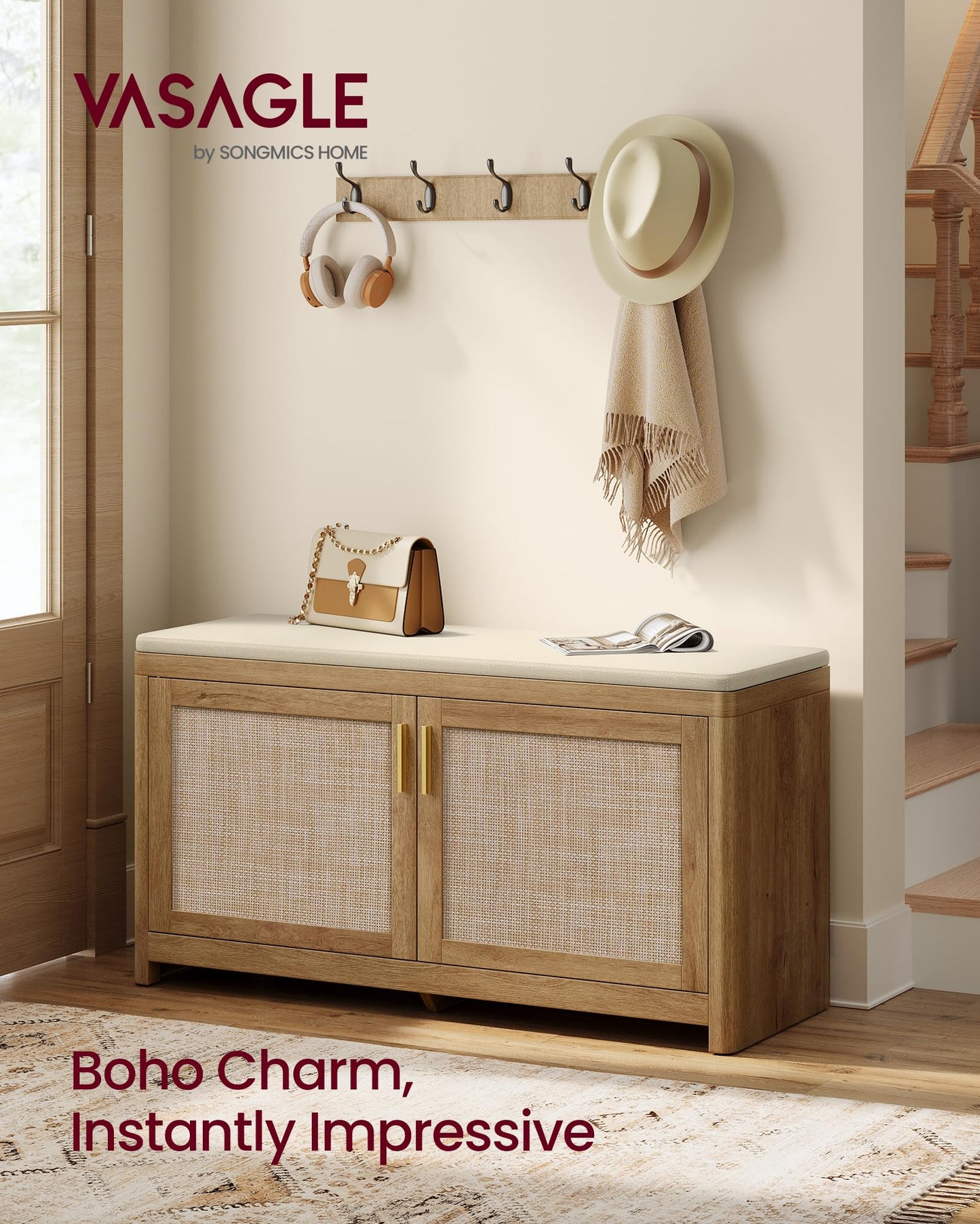 VASAGLE ELLAN Collection - Boho Shoe Bench with Cushion, Entryway Storage Bench with 2 Rattan-Look