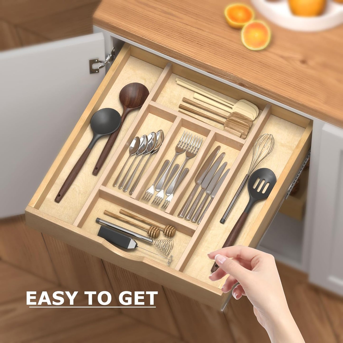 WelFurGeer Premium Wooden Silverware Organizer for Kitchen Drawers, Utensil Tray for Kitchen Drawer, Cutlery Drawer Organizer for Forks, Spoons, Knives - Sturdy Birchwood, Natural Finish