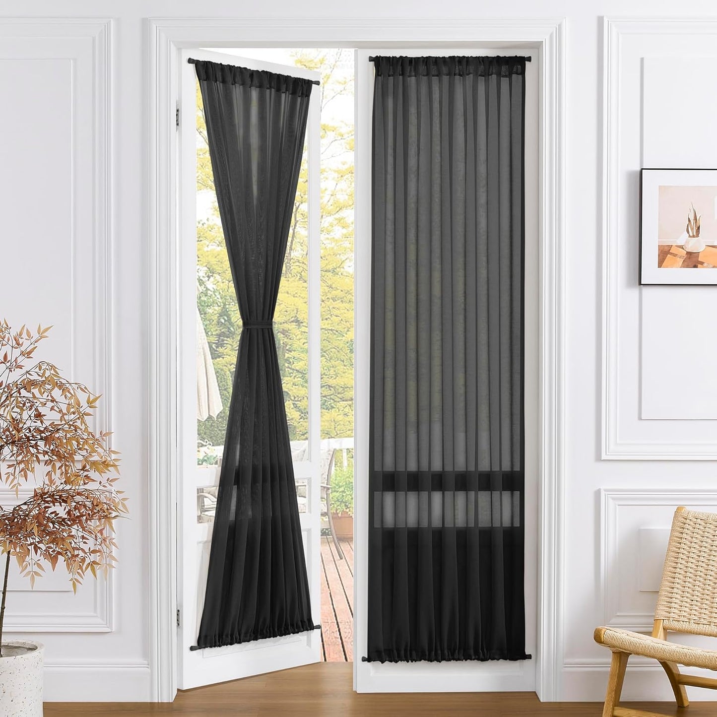 Tollpiz Sheer Door Curtain Closet Linen Textured Curtains Sheer Doorway Light Filtering Voile Patio Glass Door Rod Pocket Curtain French Door, 54 x 72 inches Long, Black, Set of 1 Panel