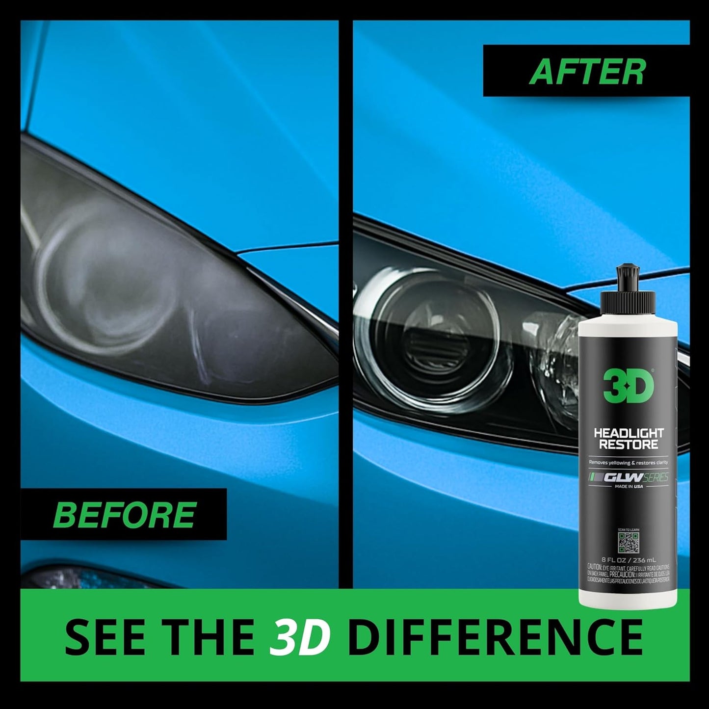3D GLW Series Headlight Restore ??2-Step Kit Removes Oxidation, Scratches & Yellowing | UV Protection for Clear Headlights & Safer Driving | Made in USA - 8 oz