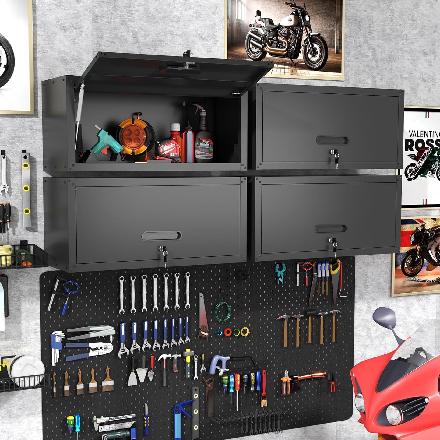 Garage Wall Cabinet with Flip-Up Door, Lockable Metal Storage Cabinet Wall Mounted, Hanging Tool Cabinet for Garage Basement Utility Room, Black