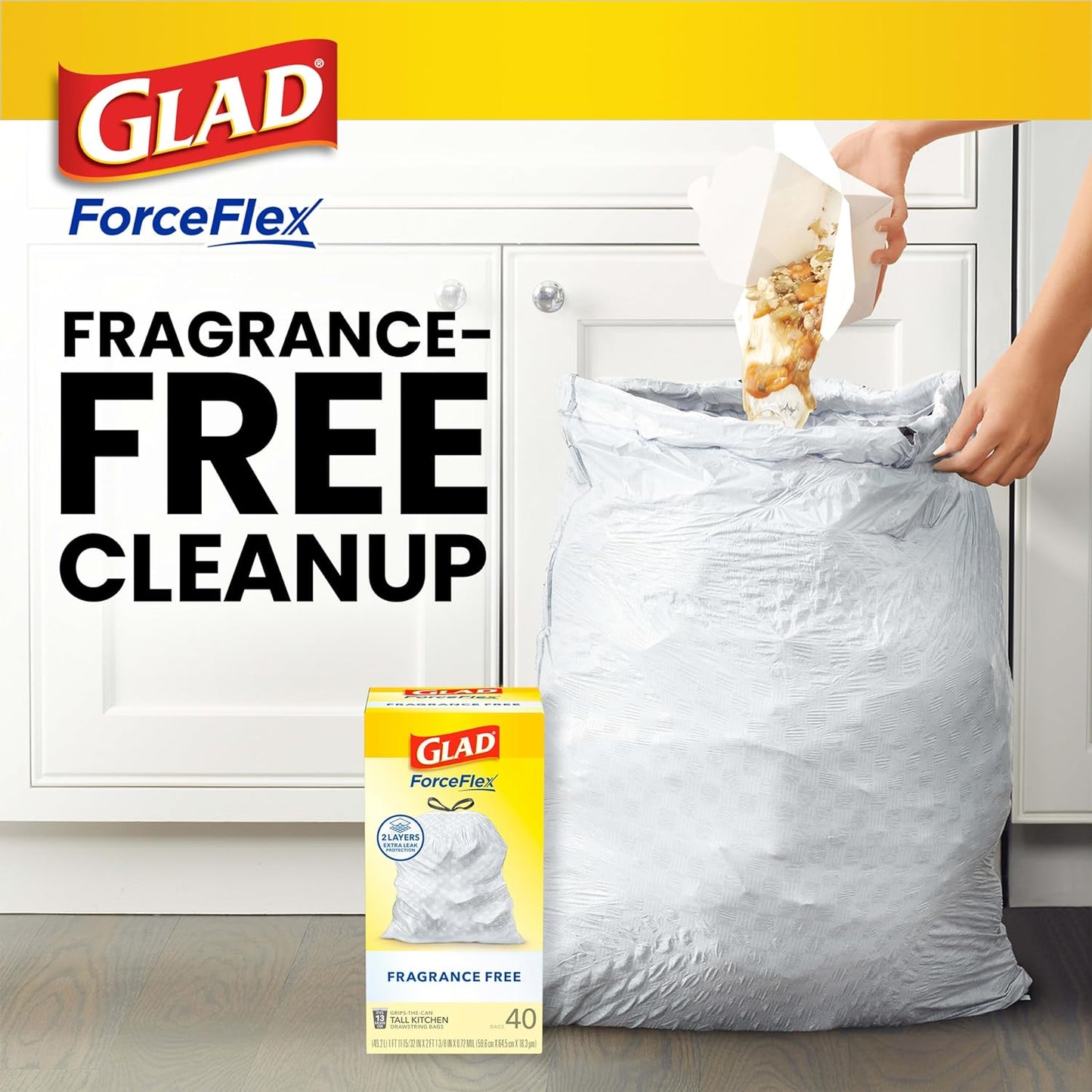 Glad ForceFlex Tall Kitchen Drawstring Trash Bags, 13 Gal, Fragrance Free, 40 Ct (Package May Vary)