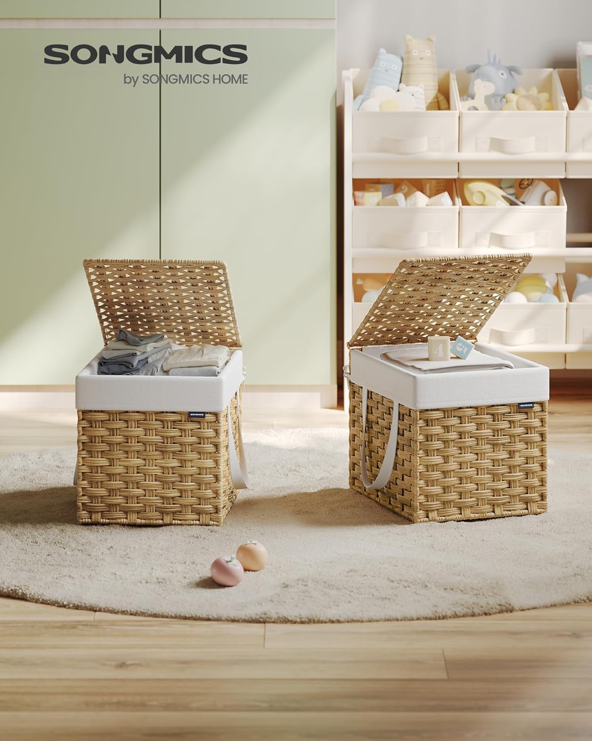 SONGMICS Laundry Hamper with Lid, 9.5 Gallon (36 L) Synthetic Rattan Clothes Laundry Basket with Lid and Handles, Foldable, Removable Liner, Goose Yellow ULCB136Y01