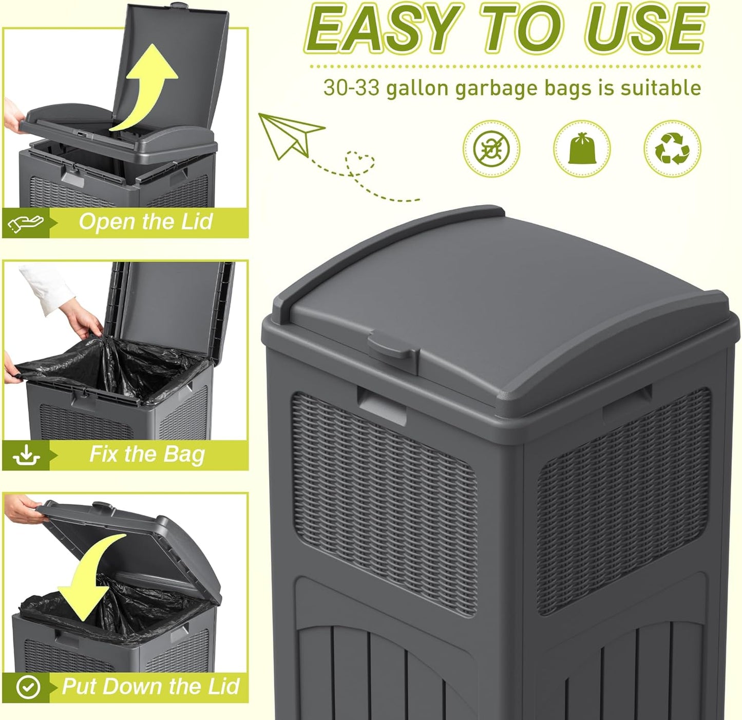 Greesum 33 Gallon Outdoor Trash Can with Lid, Waterproof Resin Garbage Bin for Hideaway, Deck, Patio, 4 Pack, Gray