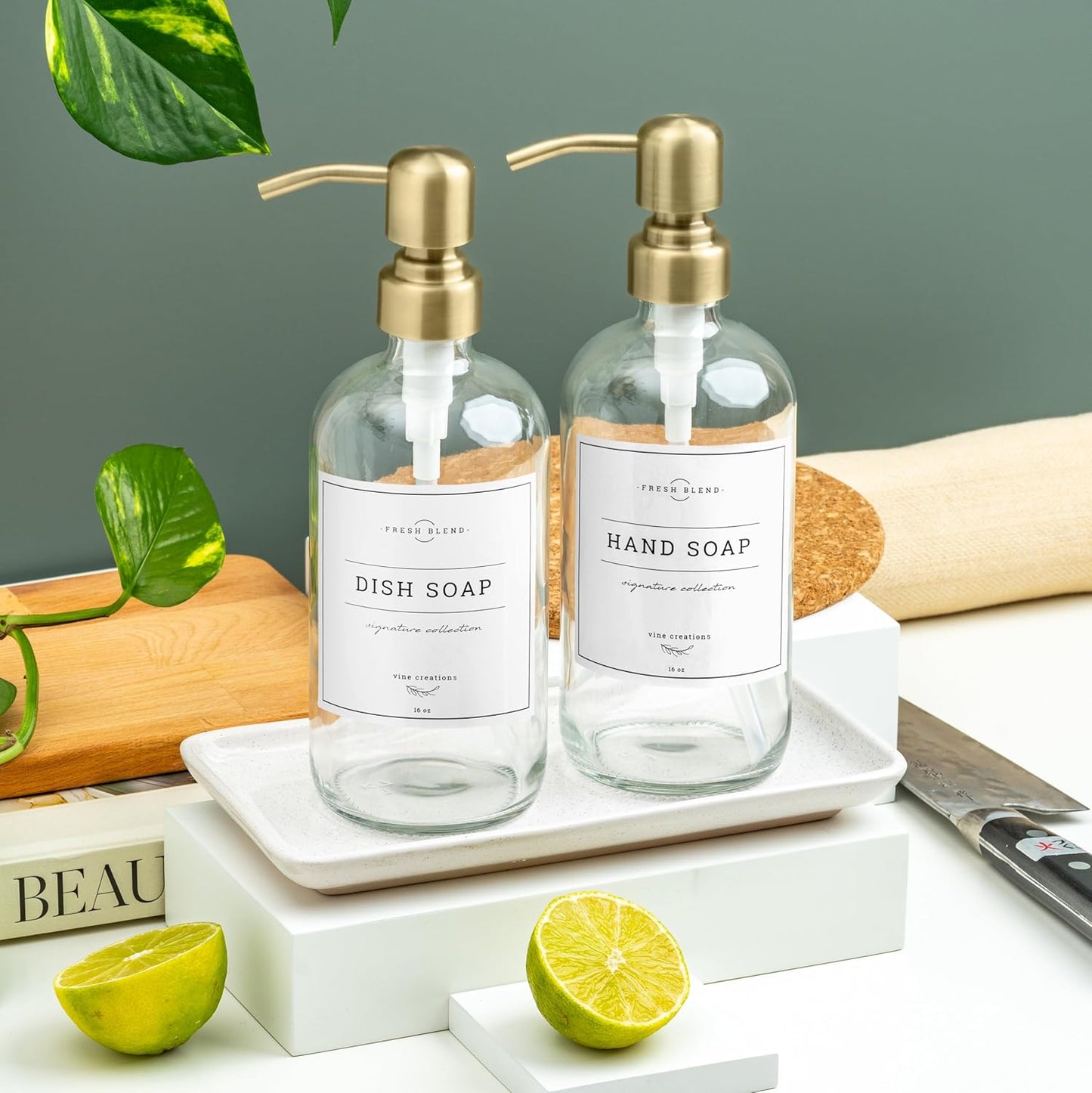 Vine Creations Glass Soap Dispenser, 2 Pack Kitchen Soap Dispenser Set with Ceramic Tray, Stainless Steel Pump, Dish Soap and Hand Soap Dispensers for Bathroom or Kitchen Decor with Waterproof Labels