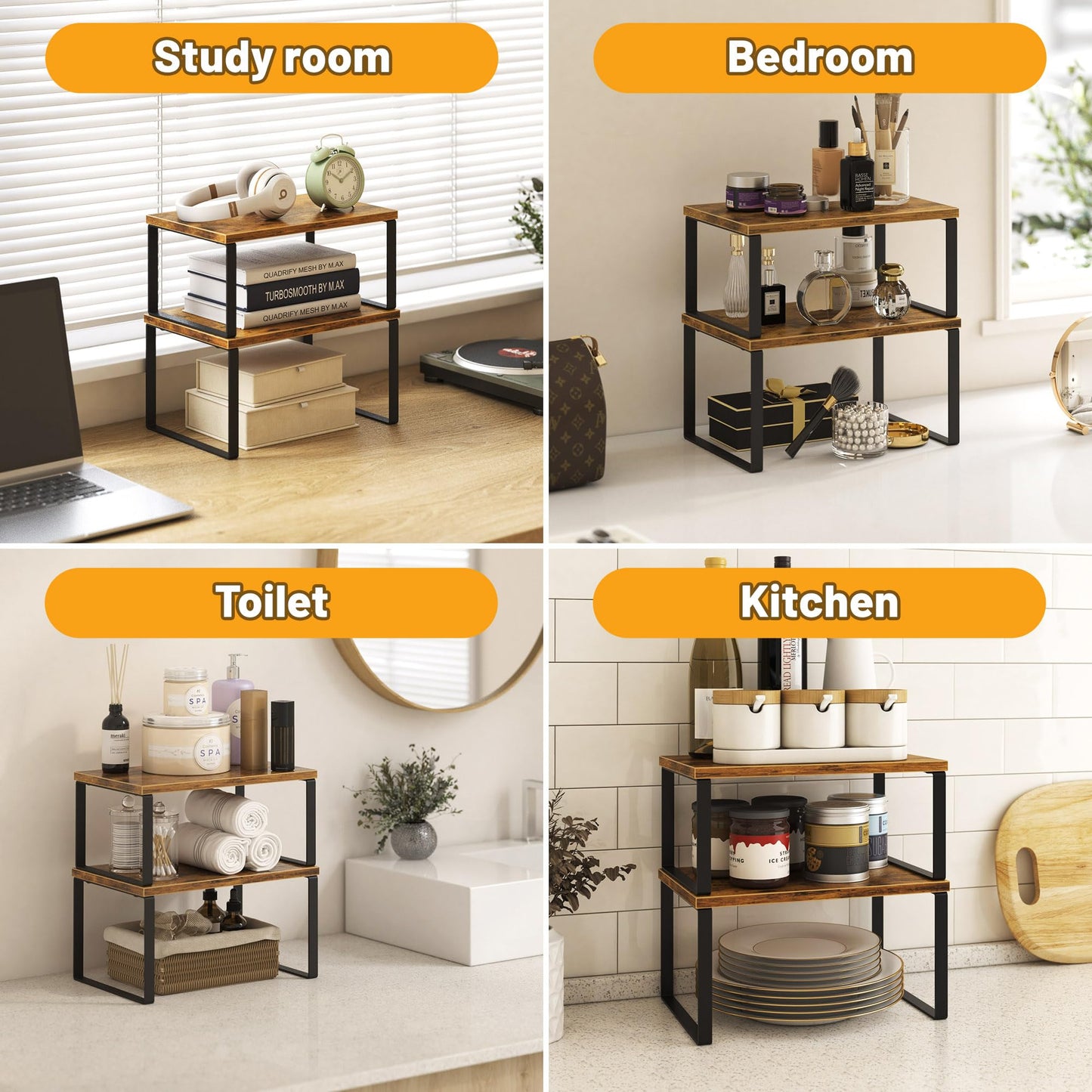 Kitchen Cabinet Organizer Shelf Set of 4, Sturdy Kitchen Counter Shelves with Metal Legs, Stackable