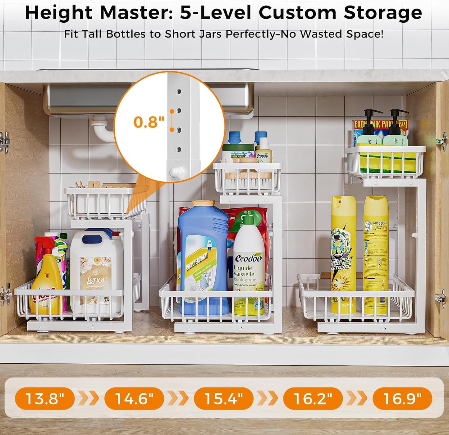 Under Sink Organizer,2 Pack 2 Tier Under Sink Organizers and Storage,Slide Out Pull Out Cabinet Organizer Shelf,Metal Sliding Drawer for Kitchen Bathroom Pantry Cabinet Closet Organization Rack White