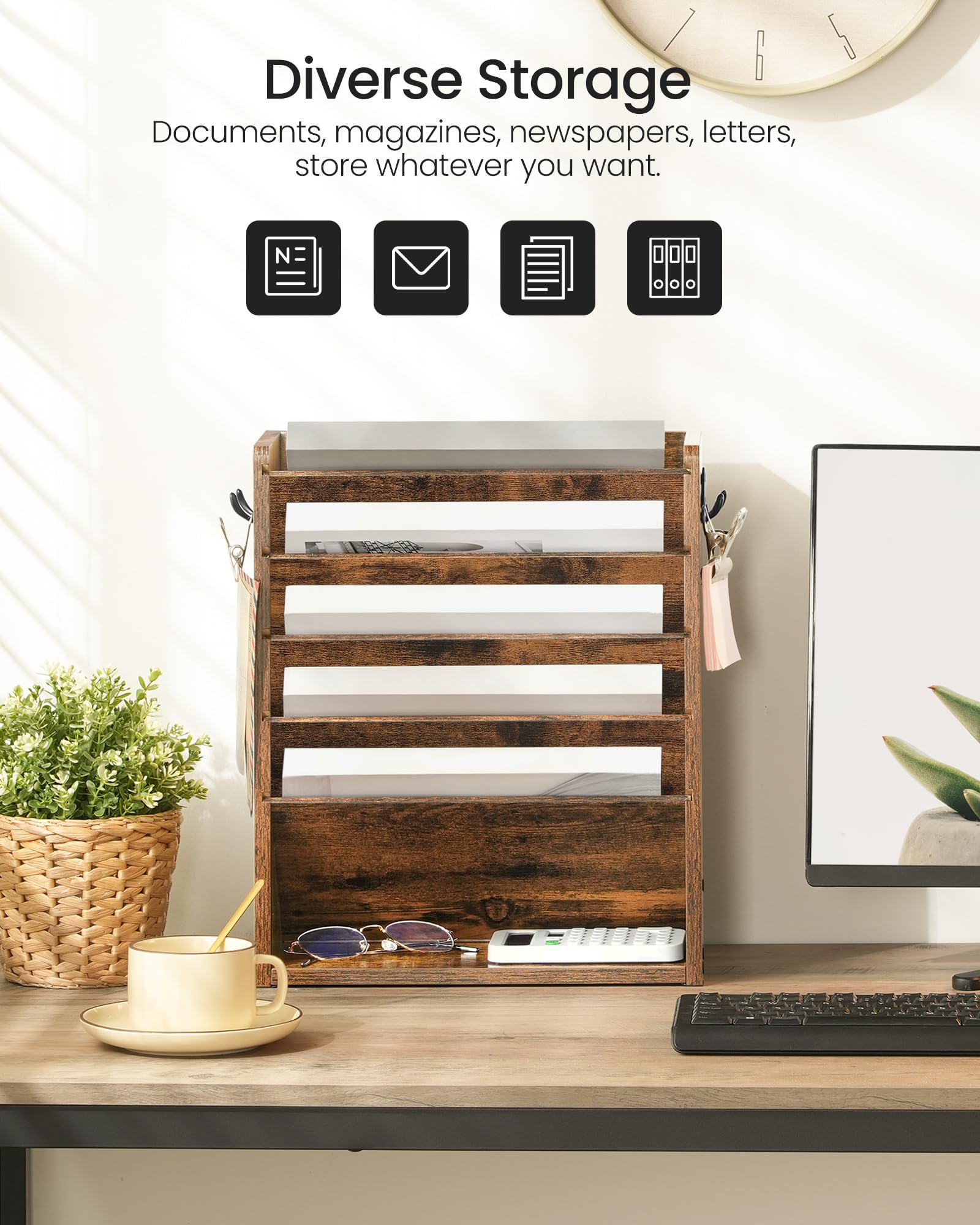 CHOEZON Wall File Organizer, 6-Tier Vertical Mount Hanging Holder with 2 Side Hooks, Vintage Wooden