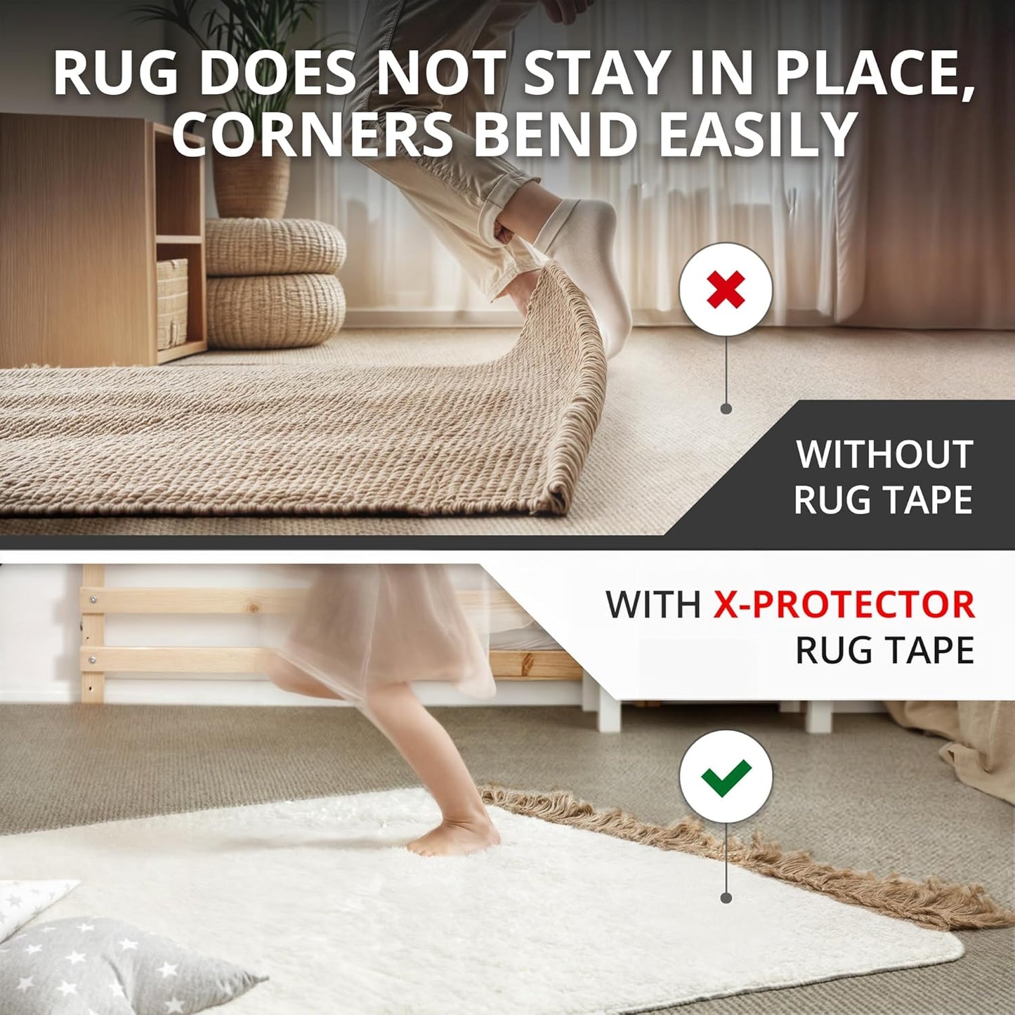 X-Protector Rug Tape for Carpet - 12 Pcs Set - White Anti-Slip & Anti-Curling Carpet Tape for Rugs - Premium Rug Pad Gripper - Ideal Carpet Corner Grippers to Keep Your Rugs & Make Corners Flat