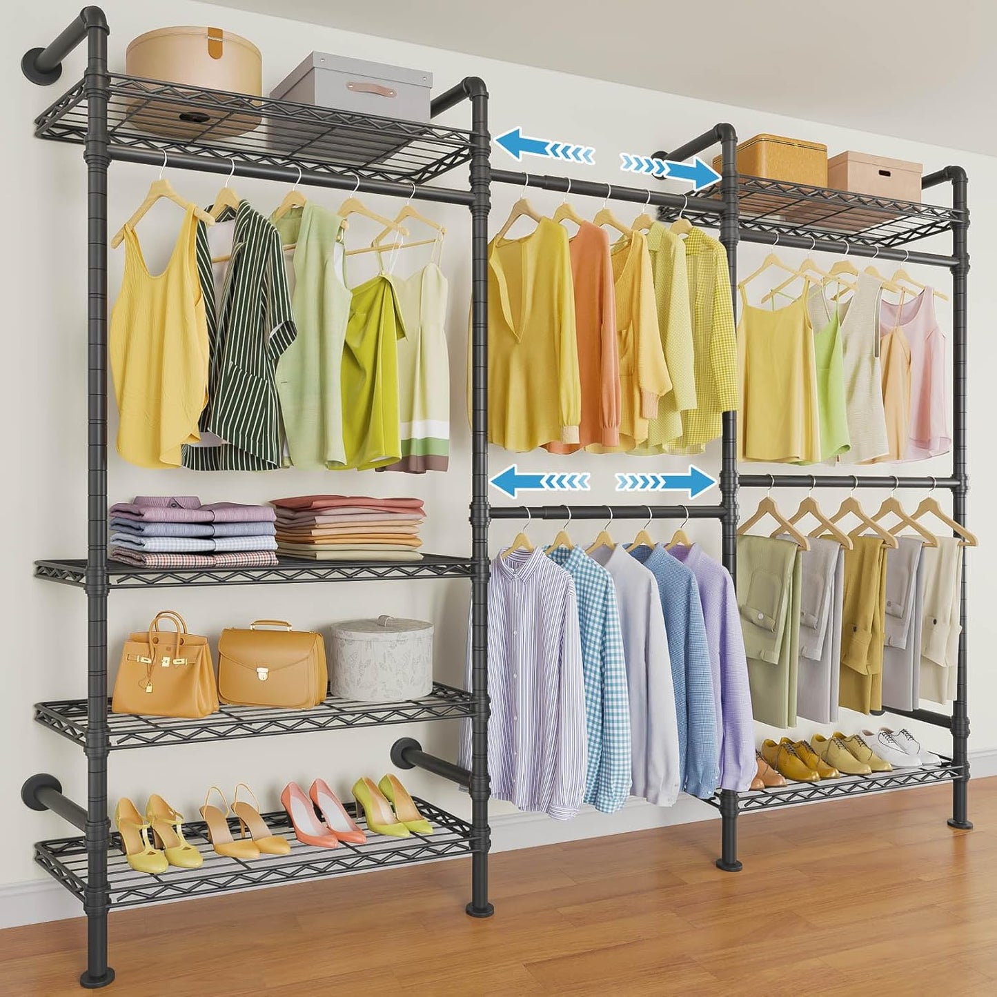 Timate F3 Garment Rack Heavy Duty Clothes Rack for Hanging Clothes, Expandable Industrial Pipe Wall Mounted Clothing Racks, Adjustable Storage Wardrobe Closet Kit Walk in Closet Systems, Black