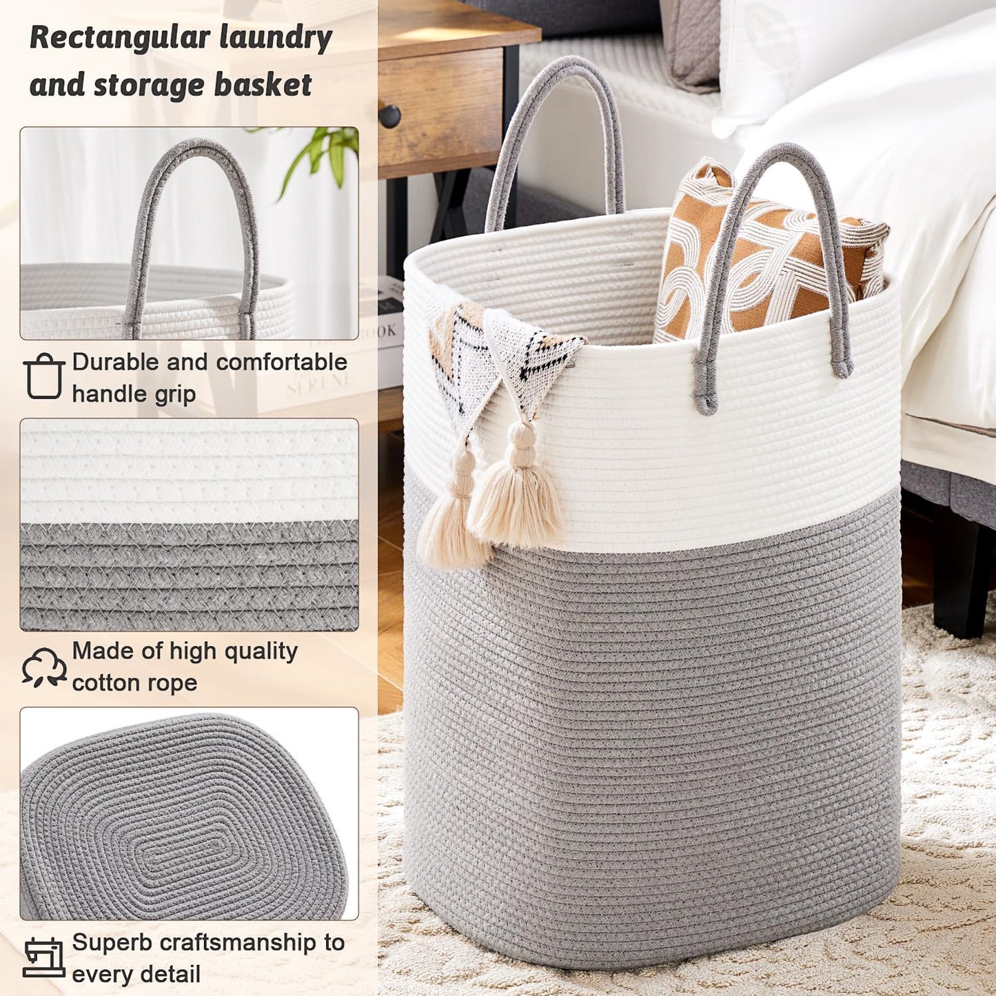 Laundry Basket,Woven Cotton Rope Laundry Hamper,Versatile Storage for Dirty Clothes,Baby Toys,and Blankets in Bathroom, Nursery,and Living Room (Grey, 80L)