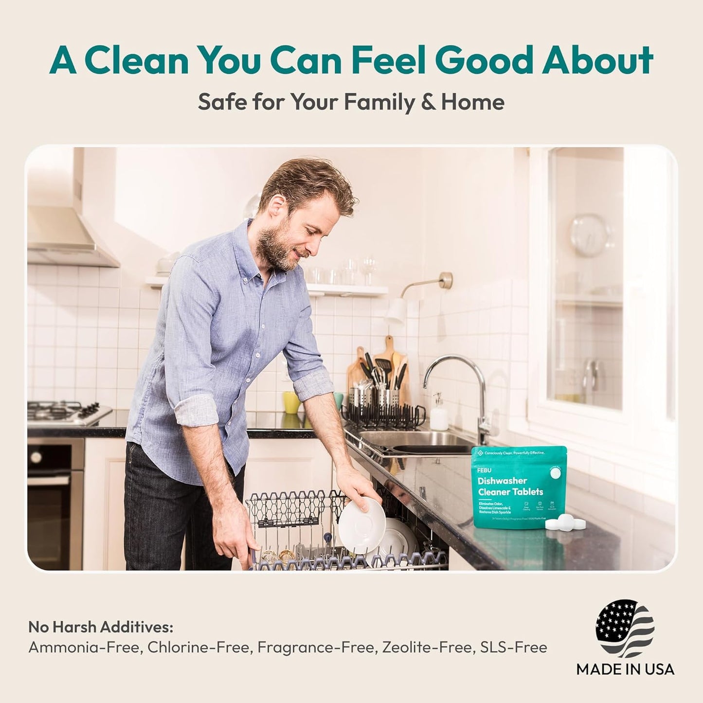 FEBU Dishwasher Cleaner Tablets Made in USA | Natural Dishwasher Cleaner and Deodorizer | Eliminates Grease & Grime | 8 Natural, Biodegradable, Plant-Based Ingredients | 24 Tablets - 12 Month Supply