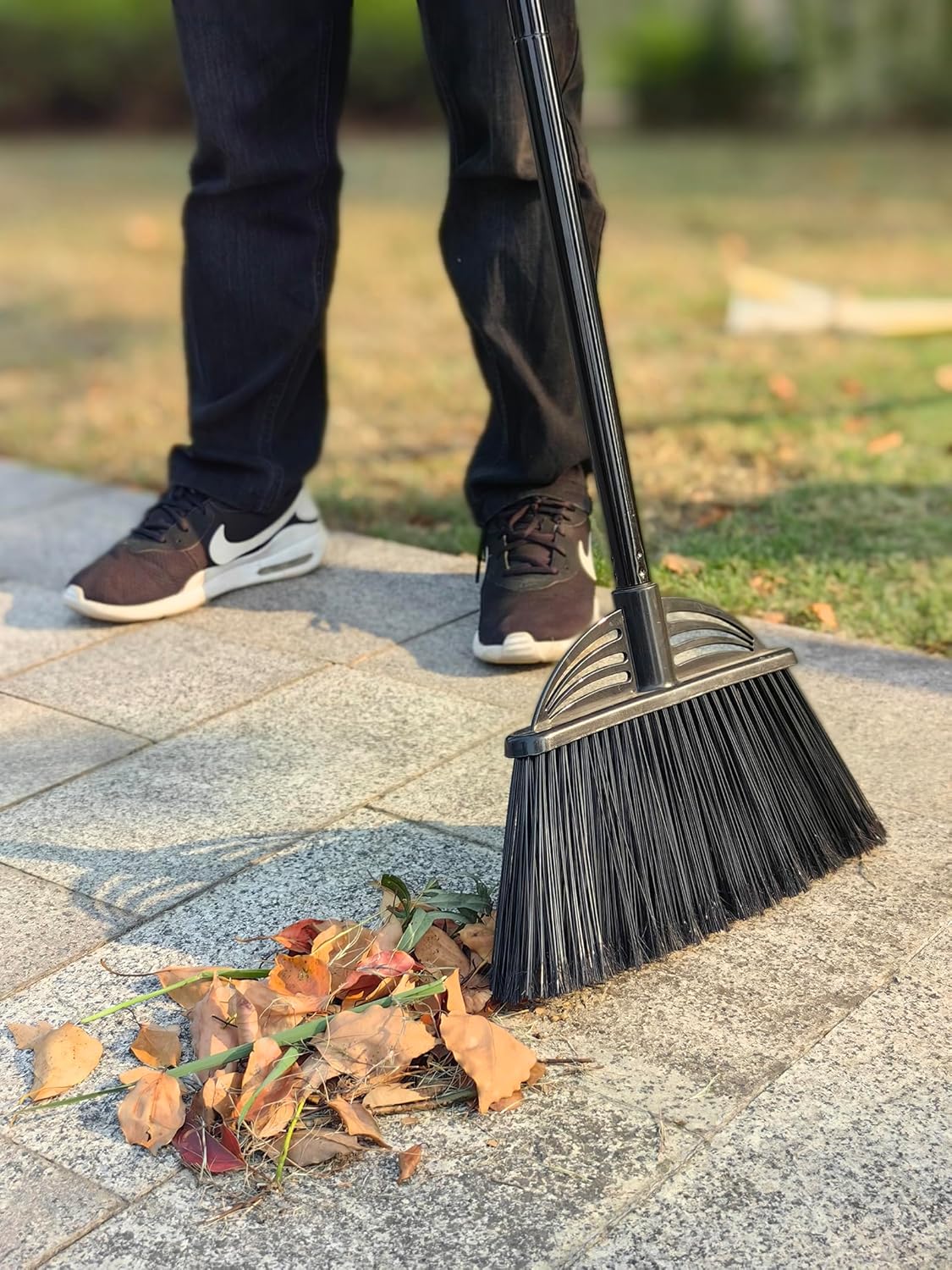 Four-Section Rod Long-Handled Broom,Heavy-Duty Broom, Angle Broom for Outdoor/Indoor（Black+Orange）