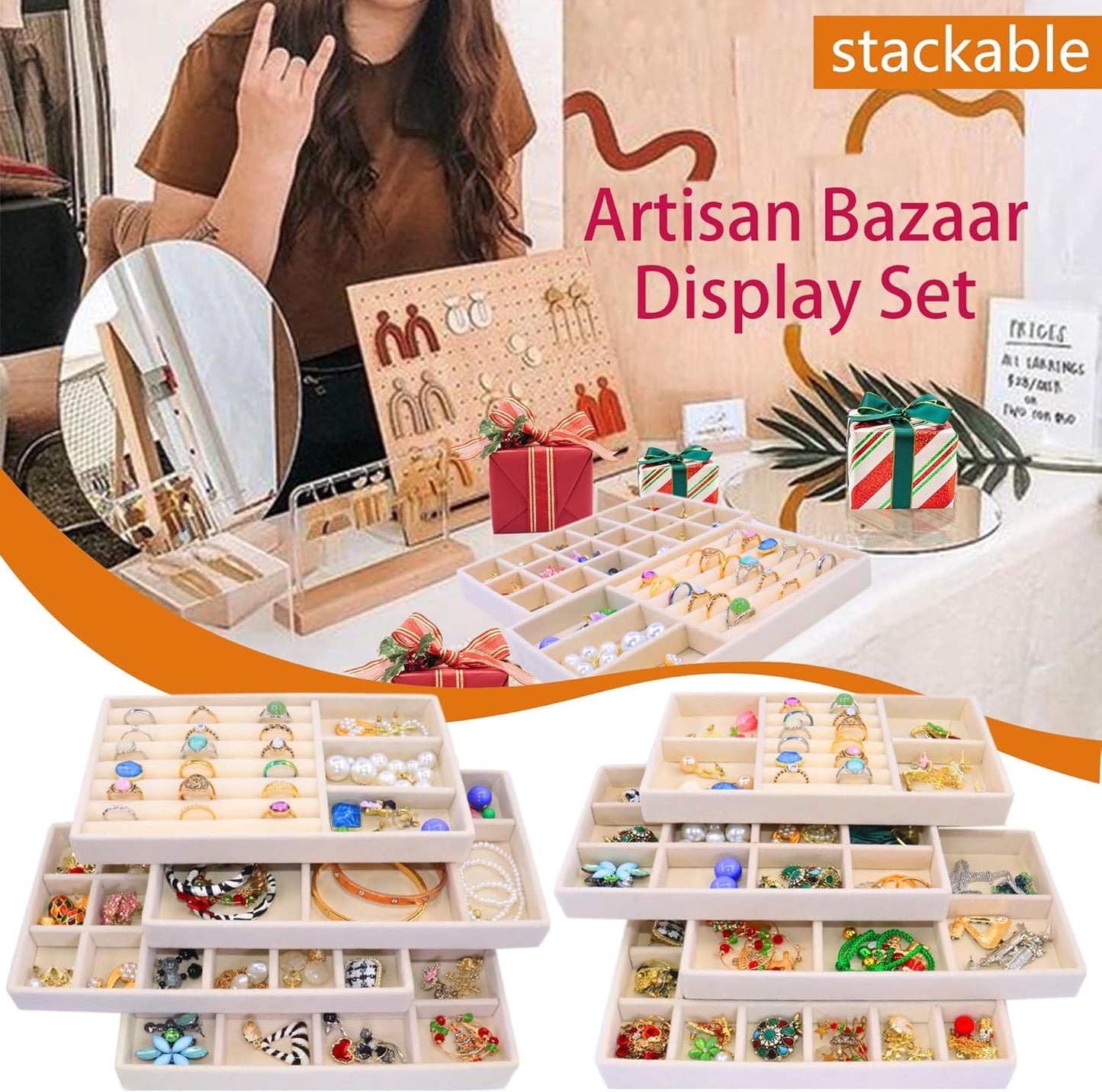 Jewelry Organizer Drawer 8 Set Jewelry Boxes Velvet Jewelry Drawer Organizer Stackable Jewelry Tray for Earring Necklace Display