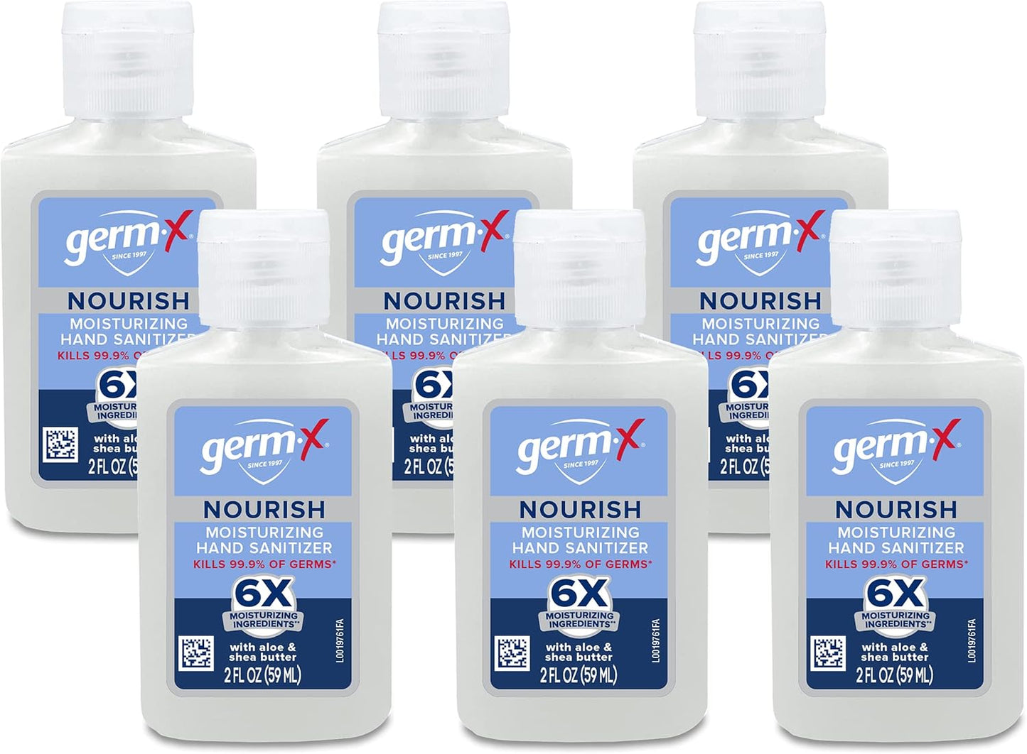 Germ-X Nourish Hand Sanitizer, 2-in-1 Moisturizing and Sanitizing Formula with Shea Butter, Vitamin E & Aloe, Non-Greasy, Mini Travel Size for On-The-Got, 2 Fl Oz (Pack of 6)