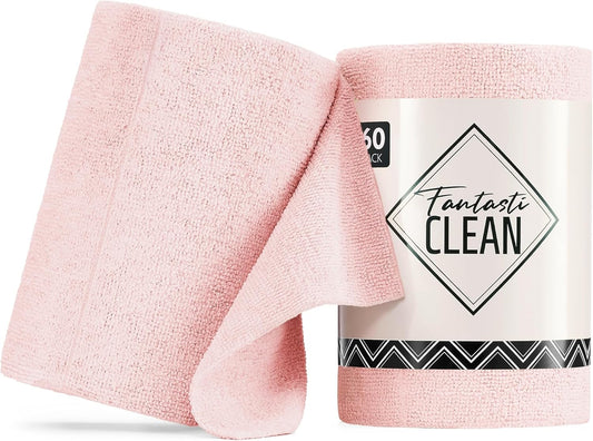 Fantasticlean Microfiber Cleaning Cloth Roll -60 Pack, Tear Away Paperless Towels, 8" x 8", Reusable Washable Rags, for Home Kitchen, Pet, Office, Indoor Outdoor, Compact and Portable (Pink)