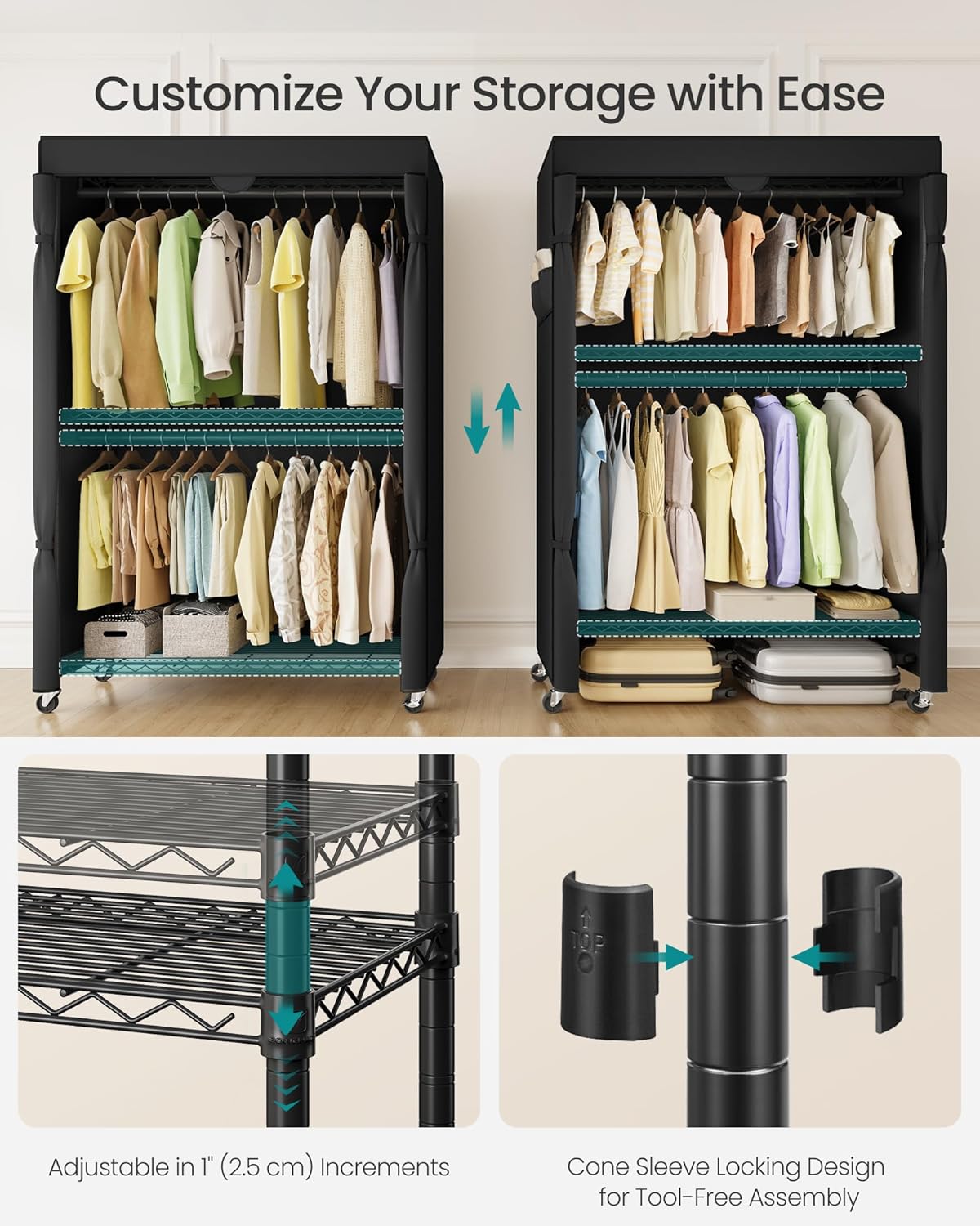 SONGMICS Heavy-Duty Rolling Clothes Rack, Garment Rack, Portable Closet, 43.3-Inch Wide Clothing Rack on Wheels, with Adjustable Mesh Shelves and Hanging Rails, Fabric Cover, Ink Black ULGR415B01