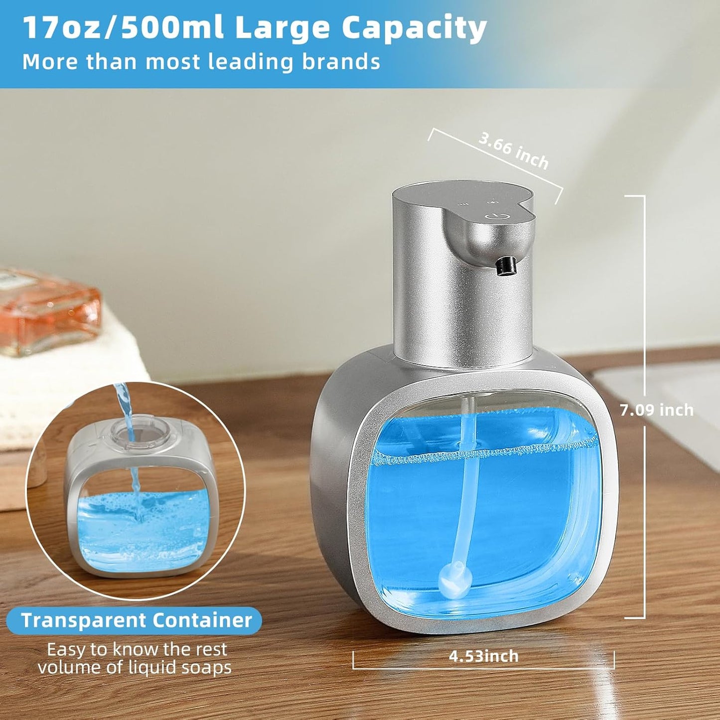 Automatic Foaming Soap Dispenser, 17oz/500ml Touchless Rechargeable with 4-Level Adjustable & IPX5 Waterproof - Level Display for Wall/Tabletop Use in Bathroom, Kitchen, Silver