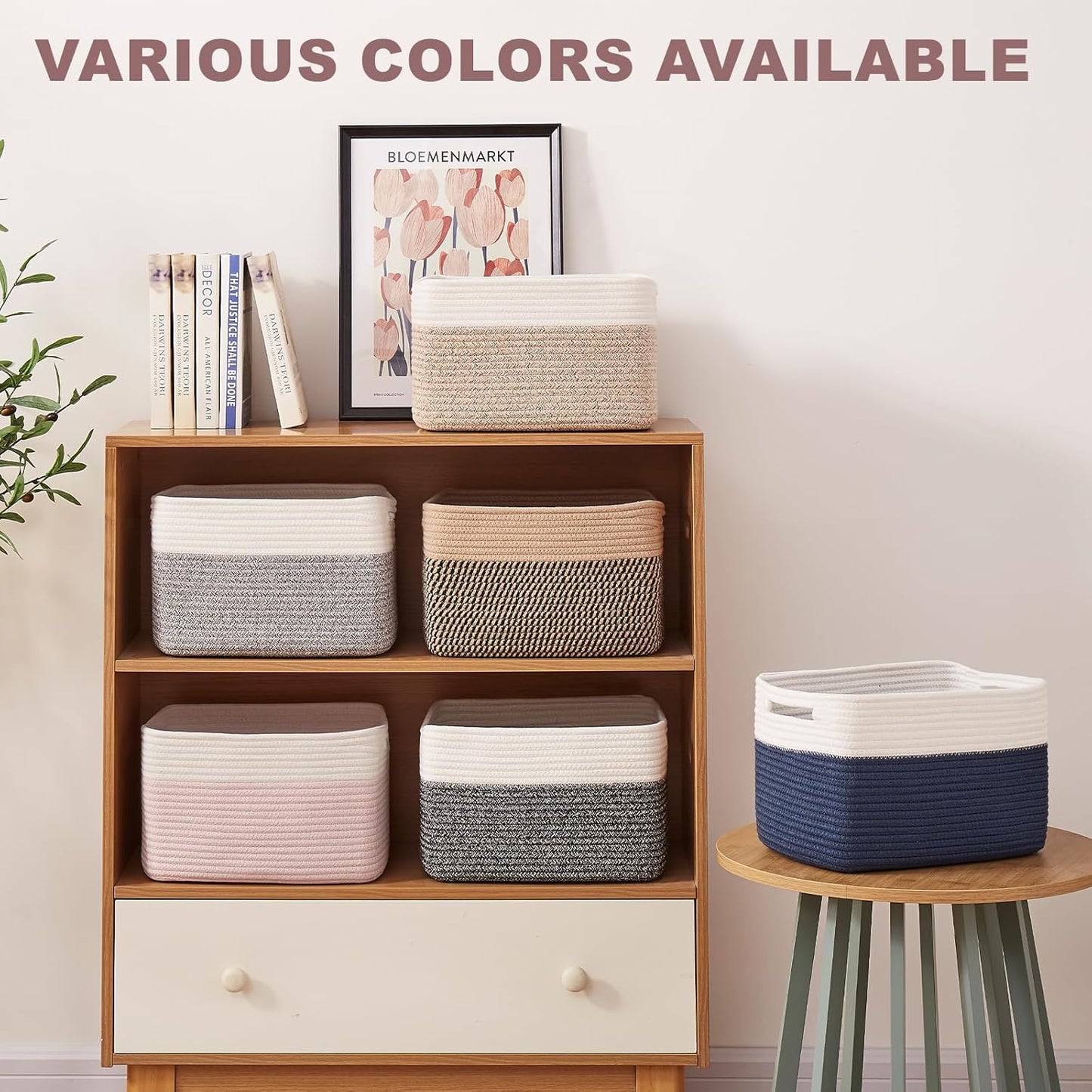 OIAHOMY 4 Pack Storage Baskets for Organizing, Basket for Shelves with Handle, Woven Baskets for Storage Toys, Towels, Books, Cotton Rope Basket 13" L x 9 " W x 7.8 " H, Pink & White