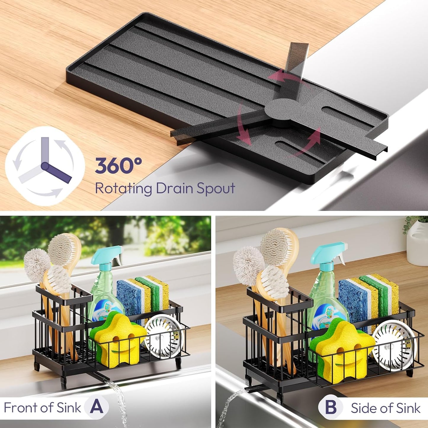 SWTYMIKI Sink Caddy Sponge Holder - Large Sponge Holder for Kitchen Sink with 360°Auto-Drain Tray, Rustproof Stainless Steel Kitchen Organizer Caddy for Countertop Organization